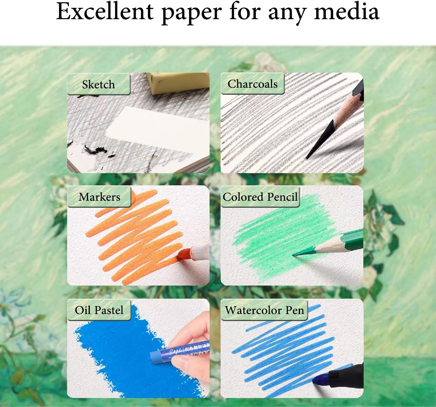 SuyuanArt Hardcover Square Sketchbook 8" x8", Thick Acid-Free Paper for Drawing Spiral Bound, Portable Mixed Media Art Sketch Pad,Drawing Sketching Gift for Artists (Green Wheat Fields 8 "x 8 ")