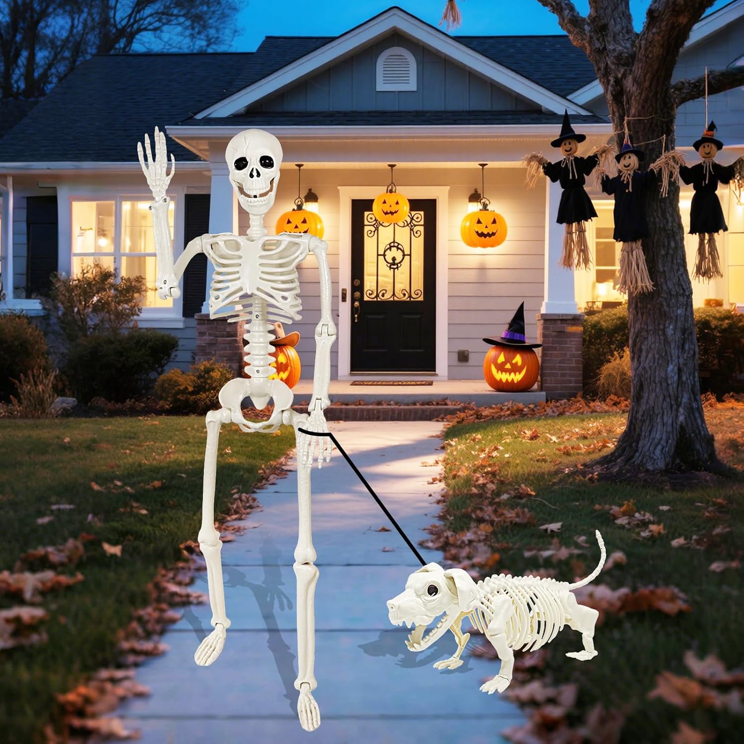 36'' Halloween Skeleton Decoration with Dog Skeleton, 3FT Posable Skeleton Realistic Plastic Bones Movable Joints for Halloween Party Yard Haunted House Props Indoor Outdoor Decor