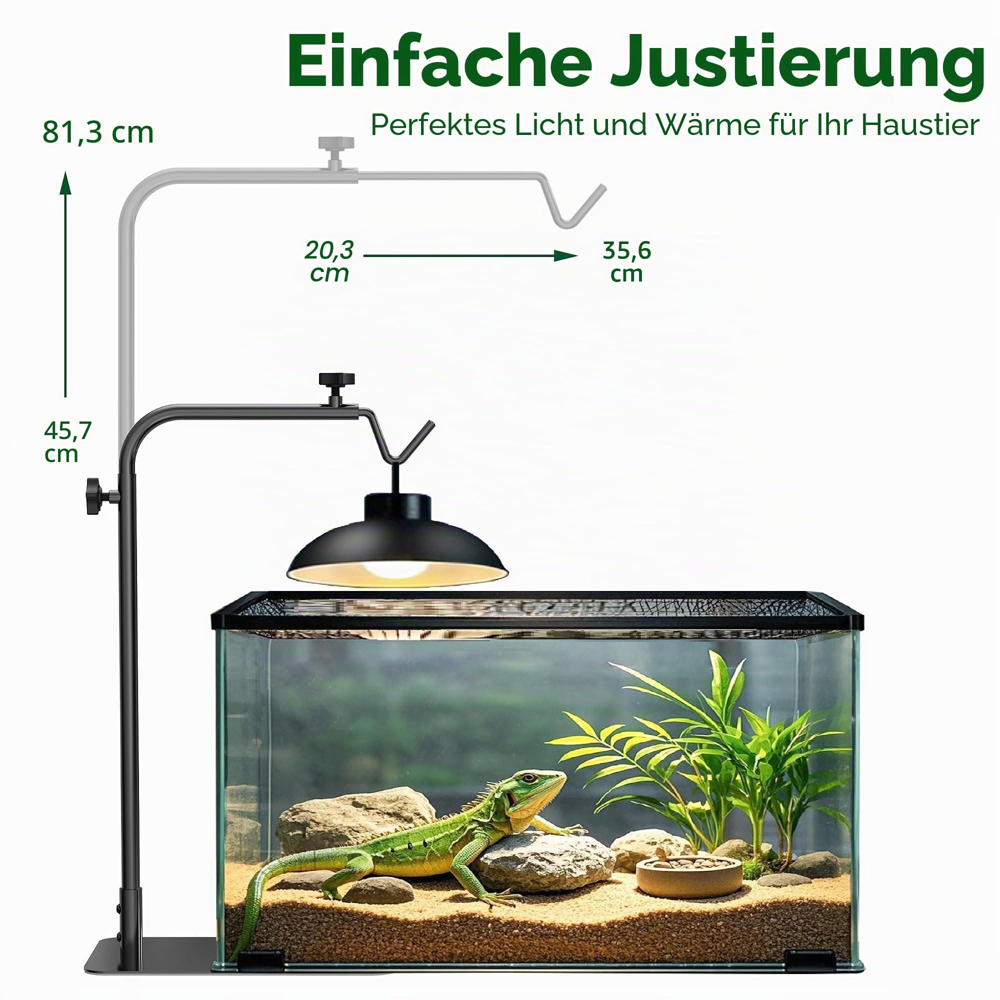 Josmimic Reptilien-Wärmelampenständer, verstellbar, 45,7 cm - 81,3 cm: Lichthalterhalterung mit schwerem Sockel für Bartagamen, Schildkröte, Schlange, Eidechse - Terrarium-Heizkuppellampen für Tank