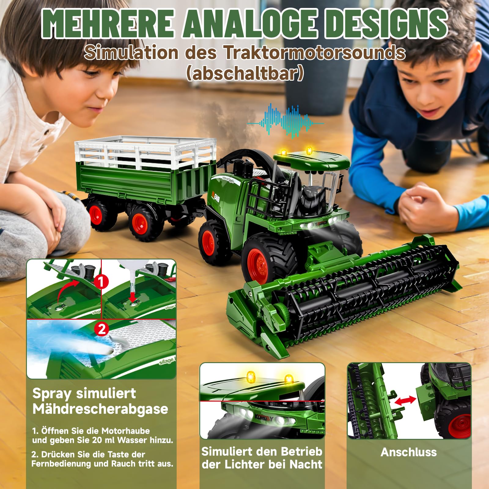 Ulikey RC Mähdrescher Spielzeug, Mähdrescher Ferngesteuert Groß, RC Traktor Spielzeug Kinder Rasenmaeher mit Anhänger, Sprühen, Licht und Ton, Harvester Bauernhof Fahrzeug Spielzeug ab 3 4 5 6 Jahre