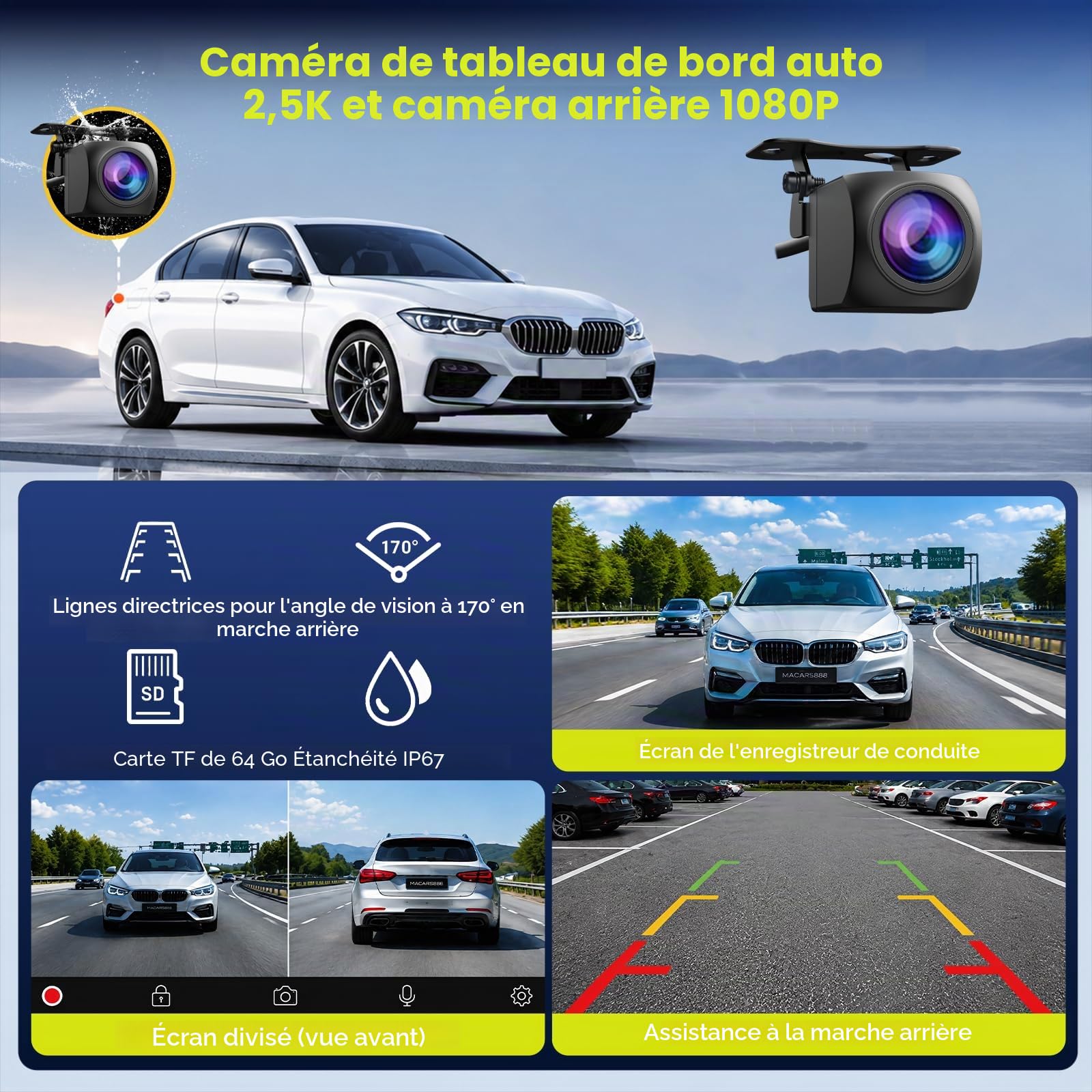 LAMTTO Ecran Carplay Voiture & Android Auto sans Fil avec Dashcam 2,5K + 1080P, Écran Tactile HD Portable de 6,86 Pouces, Car Play avec Commande Vocale, Navigation, Bluetooth, FM, AUX, Carte 64 Go