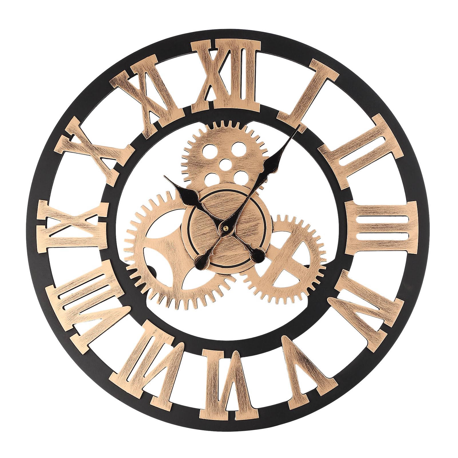 Youyijia Wall Clock Big Roman Numerals Hanging Clock 60cm/24 Inch Giant Open Face Indoor Wall Clock Wood 3D Gear Clock Vintage Industrial Wall Clock for Home Office Gold
