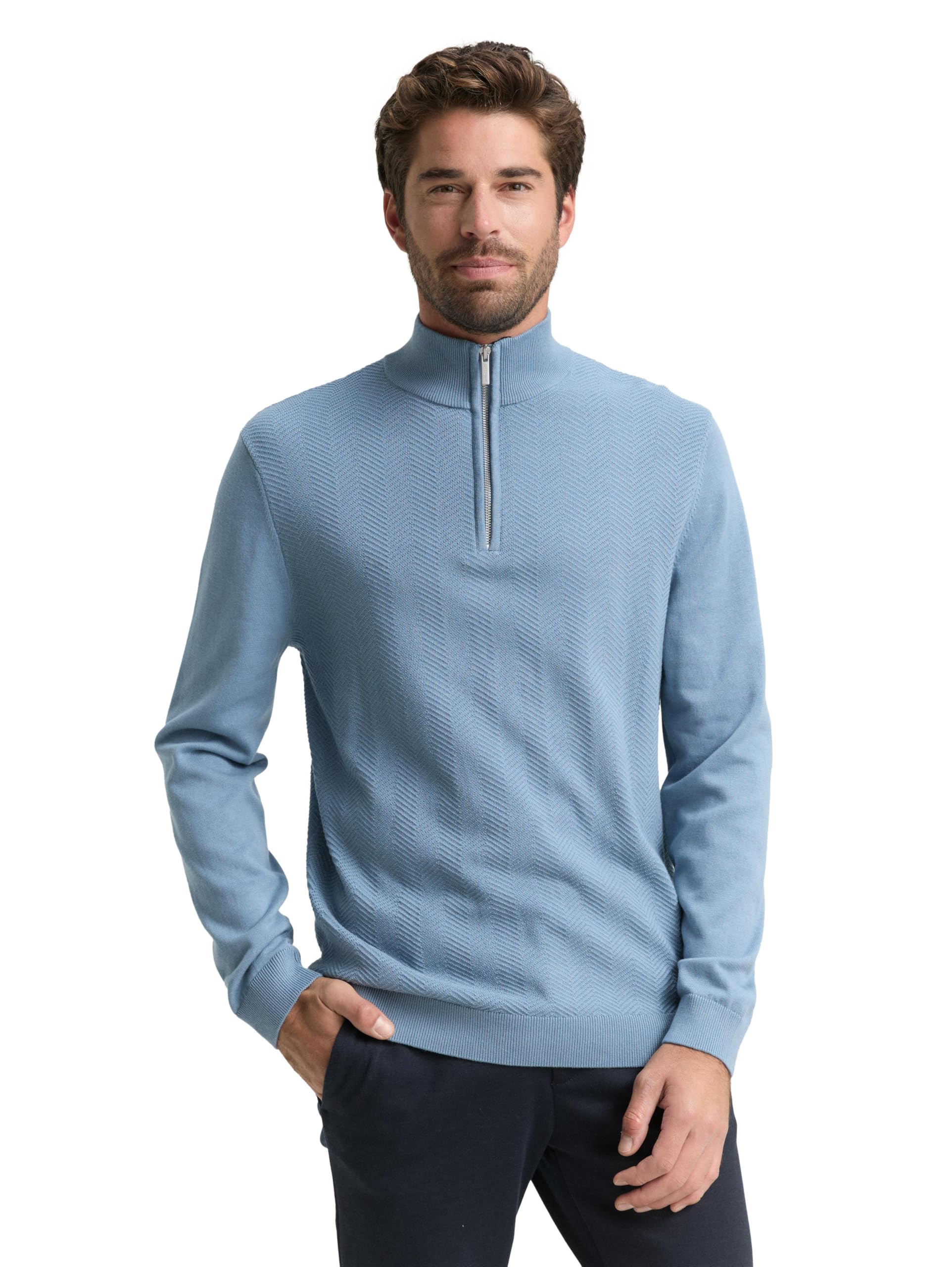 TOM TAILOR Herren 1048722 Troyer Strickpullover mit Fischgrät-Struktur