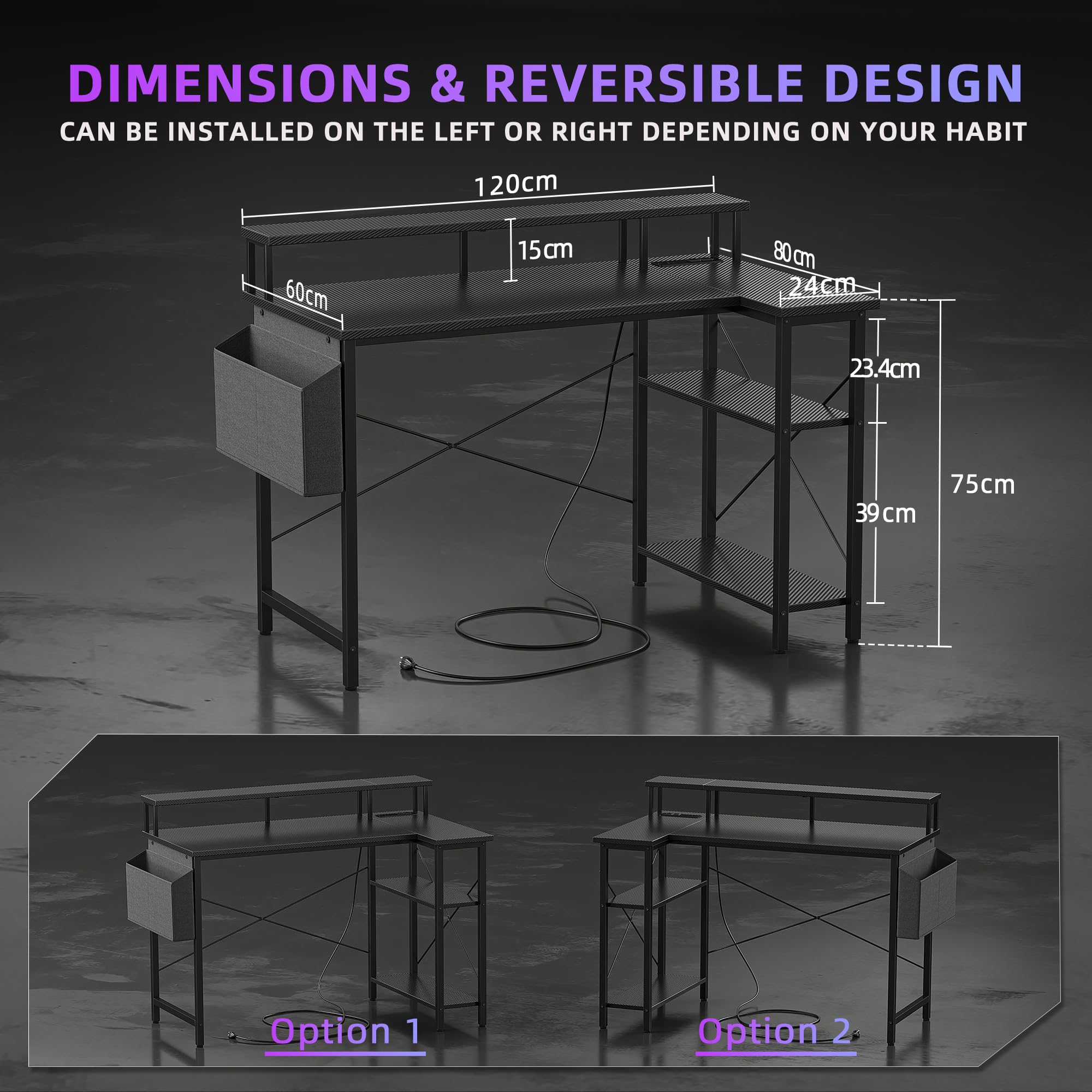 BEXEVUE Scrivania Angolo con LED Ciabatta - 120x70cm Grande Tavolino Computer Forma L Ripiani Portaoggetti, Scrivania Angolare Reversibile Gaming Informatica, Studio Gioco Lavoro Casa Camera da Letto