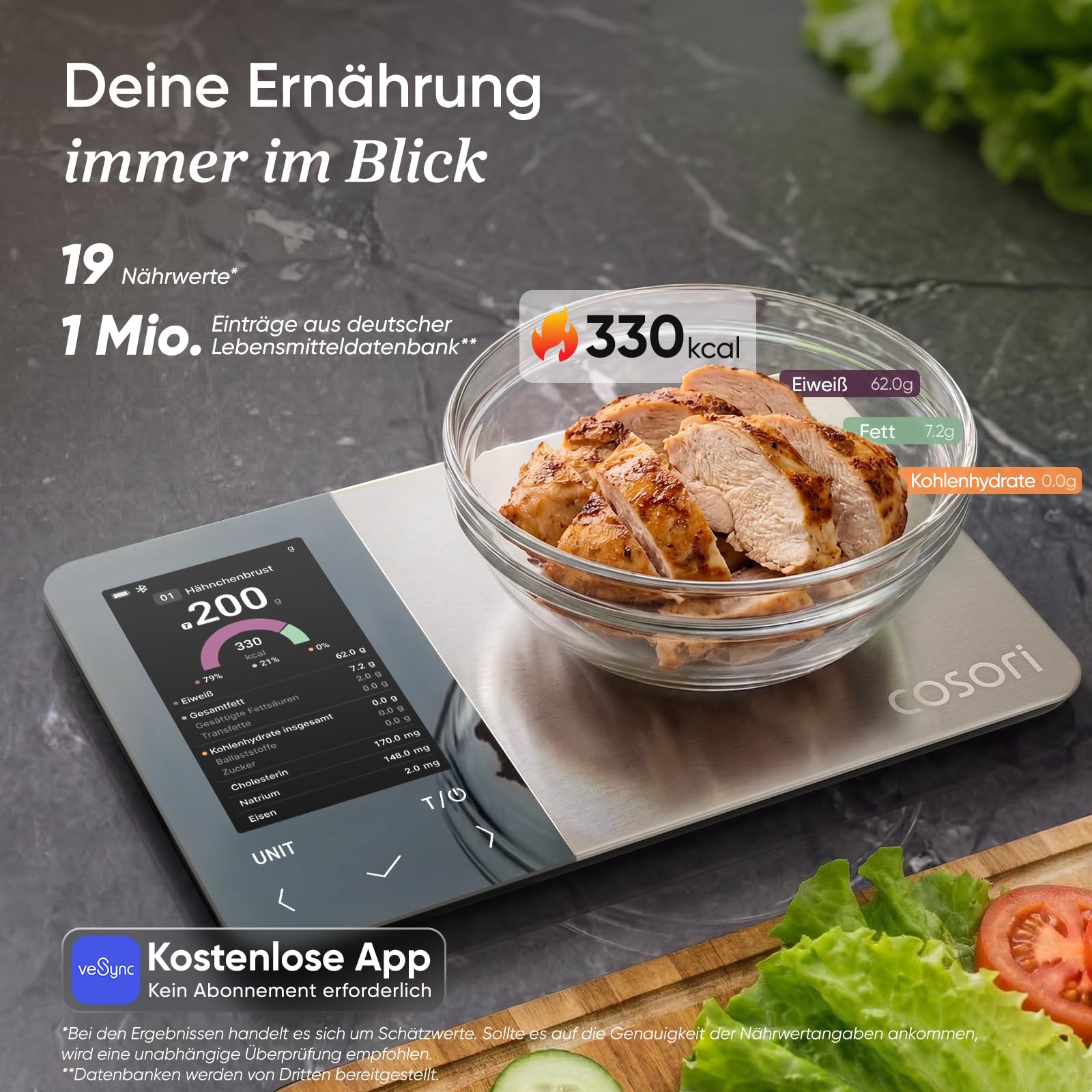 Cosori Küchenwaage digital Ernährungswaage-App,Offline-Modus,USB aufladbar