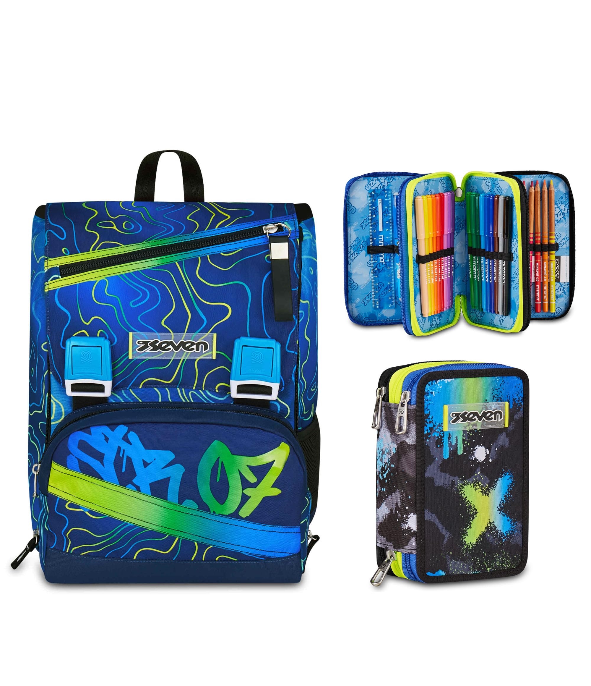 Seven Zaino Doppio Scomparto Estensibile Seven, Blu, Schienale Preformato, Bambino Scuola + Astuccio 3 Zip, Completo di Matite, Pennarelli, Colori, Elementari, Medie, Superiori,Bambini e Ragazzi