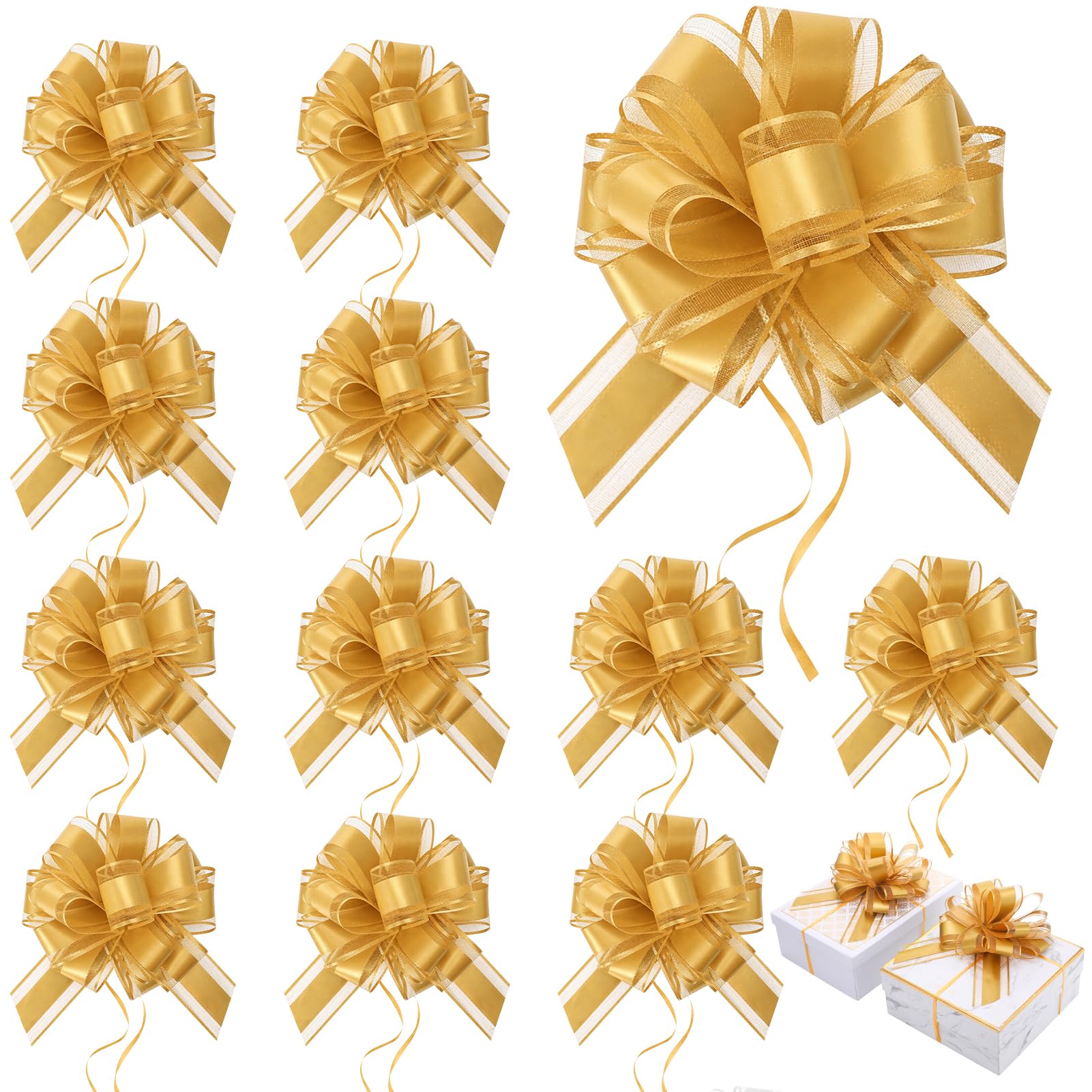 12Pcs 7 Inch Large Organza Pull Bows, Plastic Ribbon Pull Bows for Gift Wrapping Valentine Wedding Cars Flower Baskets Party Decorations, Gold