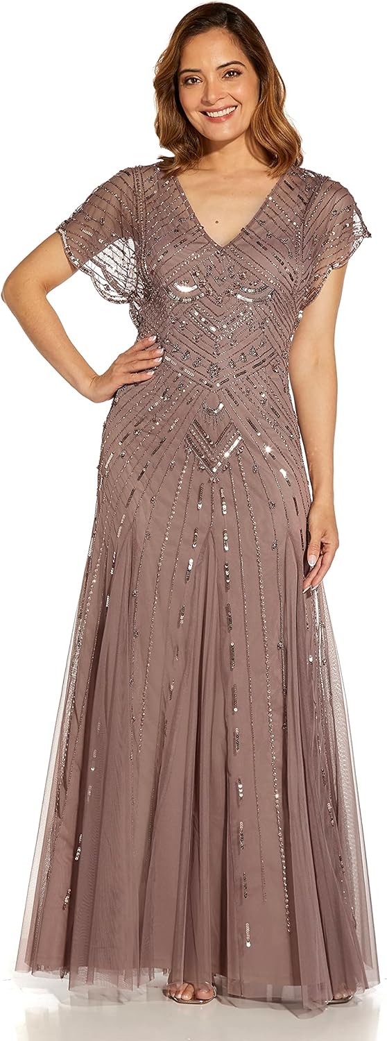 Adrianna Papell Womens Beaded Flutter Sleeve Gown