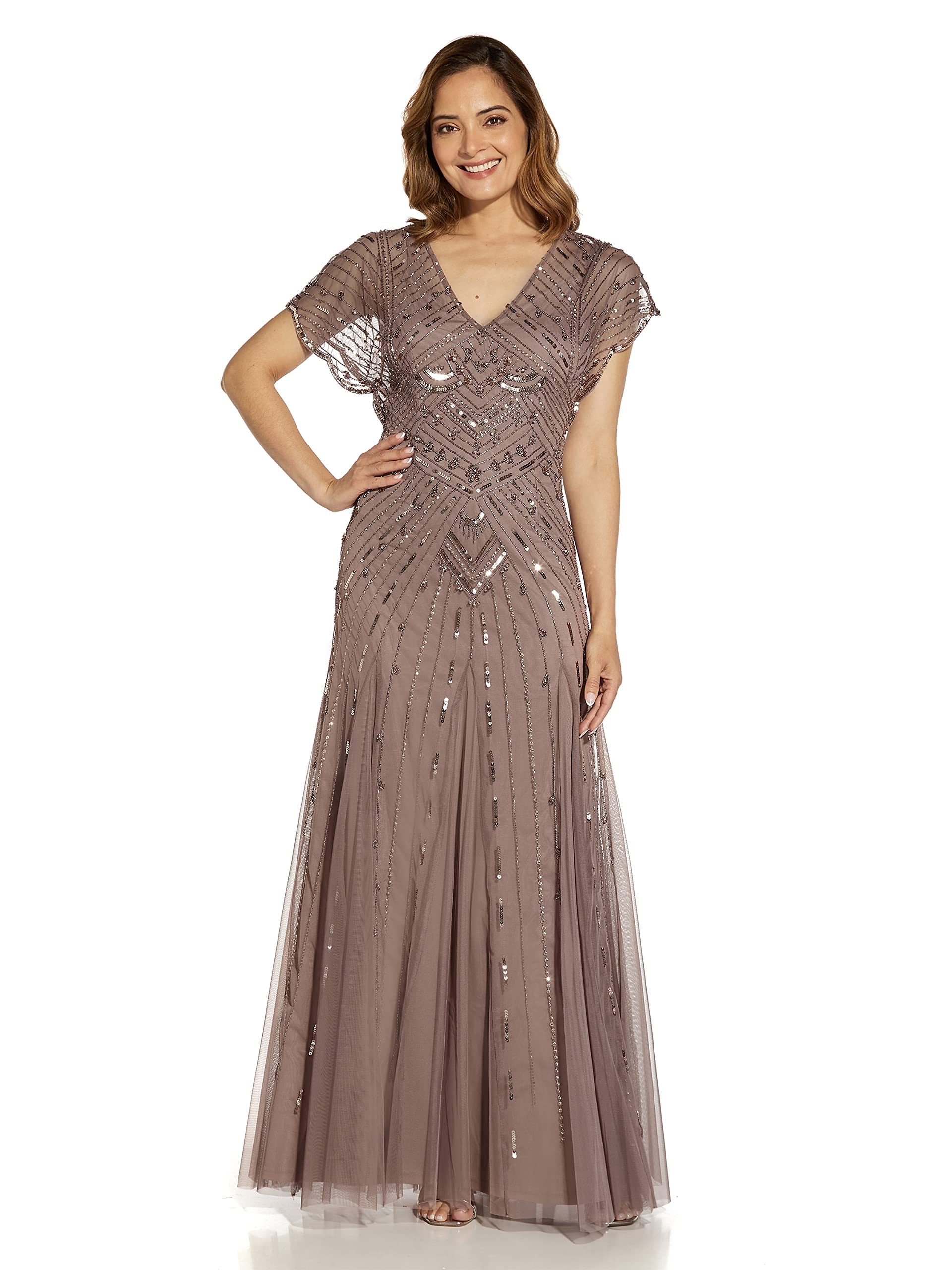Adrianna Papell Women's Beaded Flutter Sleeve Gown