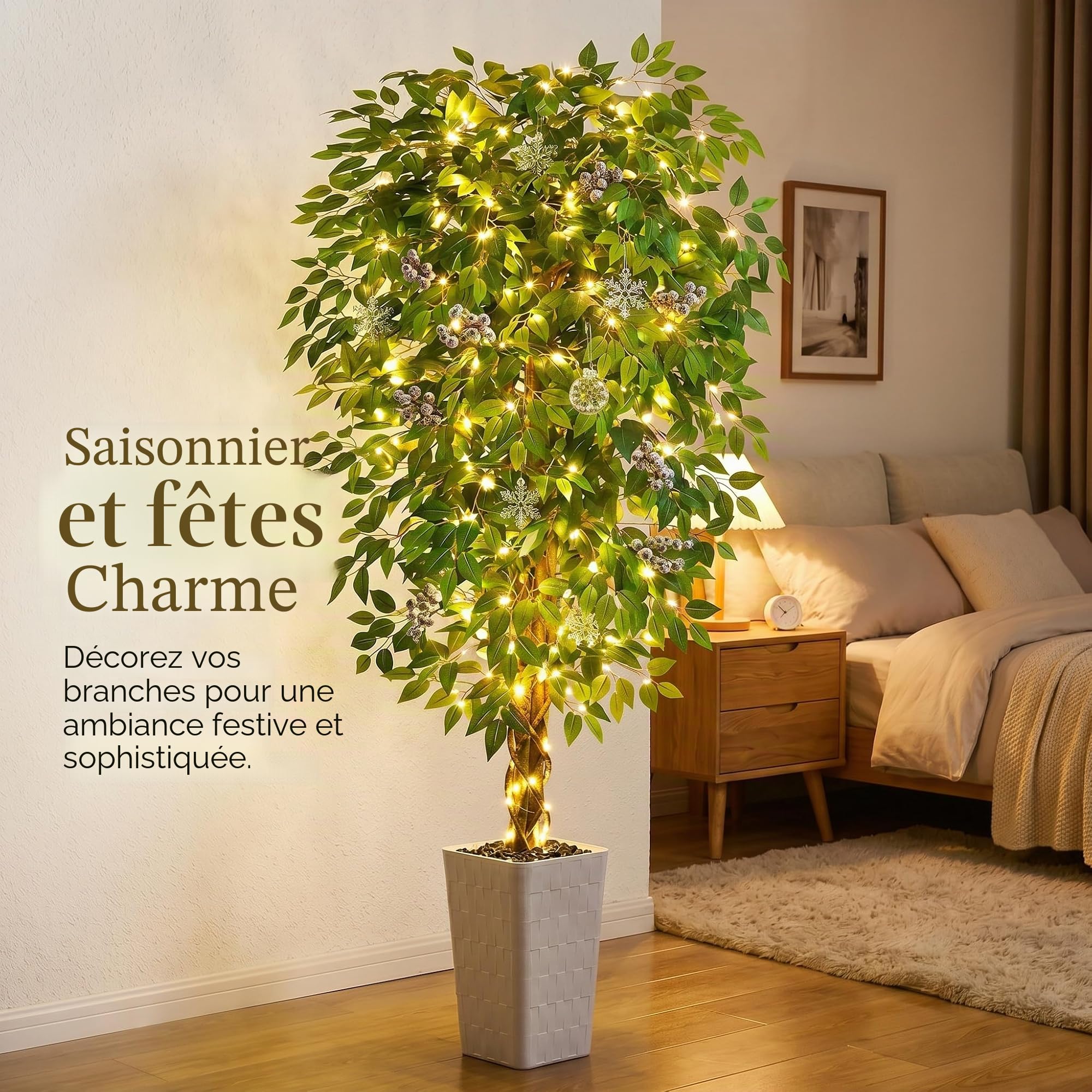 180cm Plantes Artificielles Ficus - Grande Arbre Artificiel, avec Troncs Incurvés Naturels, Fausse Plante pour Une Utilisation Intérieure et Extérieure, Bureaux, Salons ou Décoration de La Maison.
