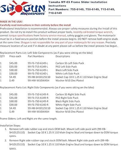 Miniatura 8 de Shogun Yamaha MT-03 MT 03 MT03 2016 2017 2018 2019 2020 2021 2022 Deslizadores de marco sin corte negro - 750-6149 - Fabricado en los Estados Unidos