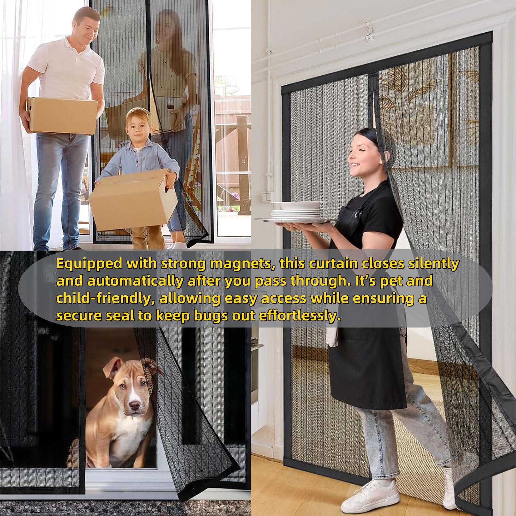Fliegengitter Tür 142 x 213 cm Katzenkrallen Sicher, Stärkere Magneten Magnet Insektenschutz Balkontür mit Selbstklebendes Klettband für Balkontür/Terrassentür, Schwarz