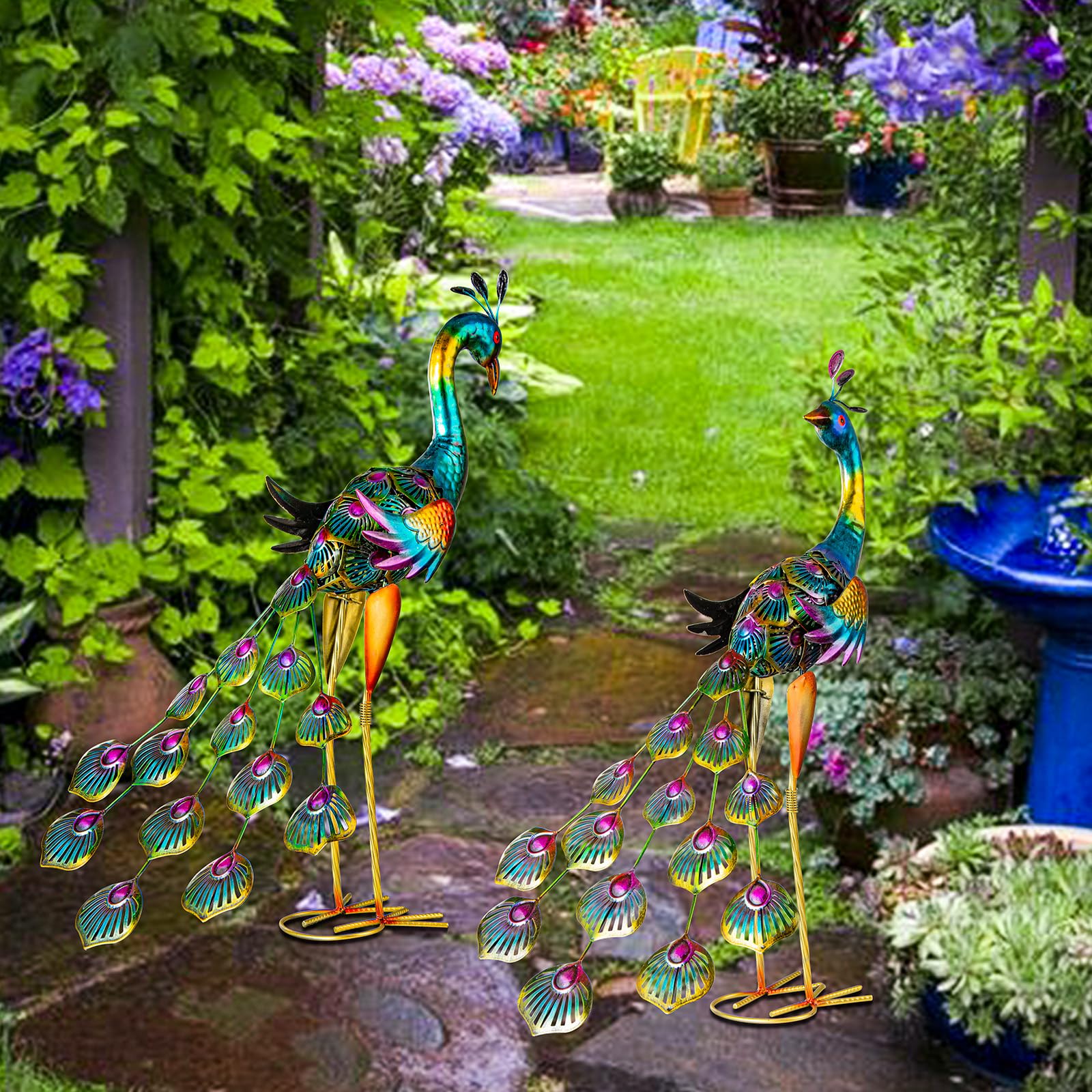 Pavone giardino statue metallo pavone sculture per cortile esterno patio prato veranda cortile decorazione cortile (2 pezzi, blu)