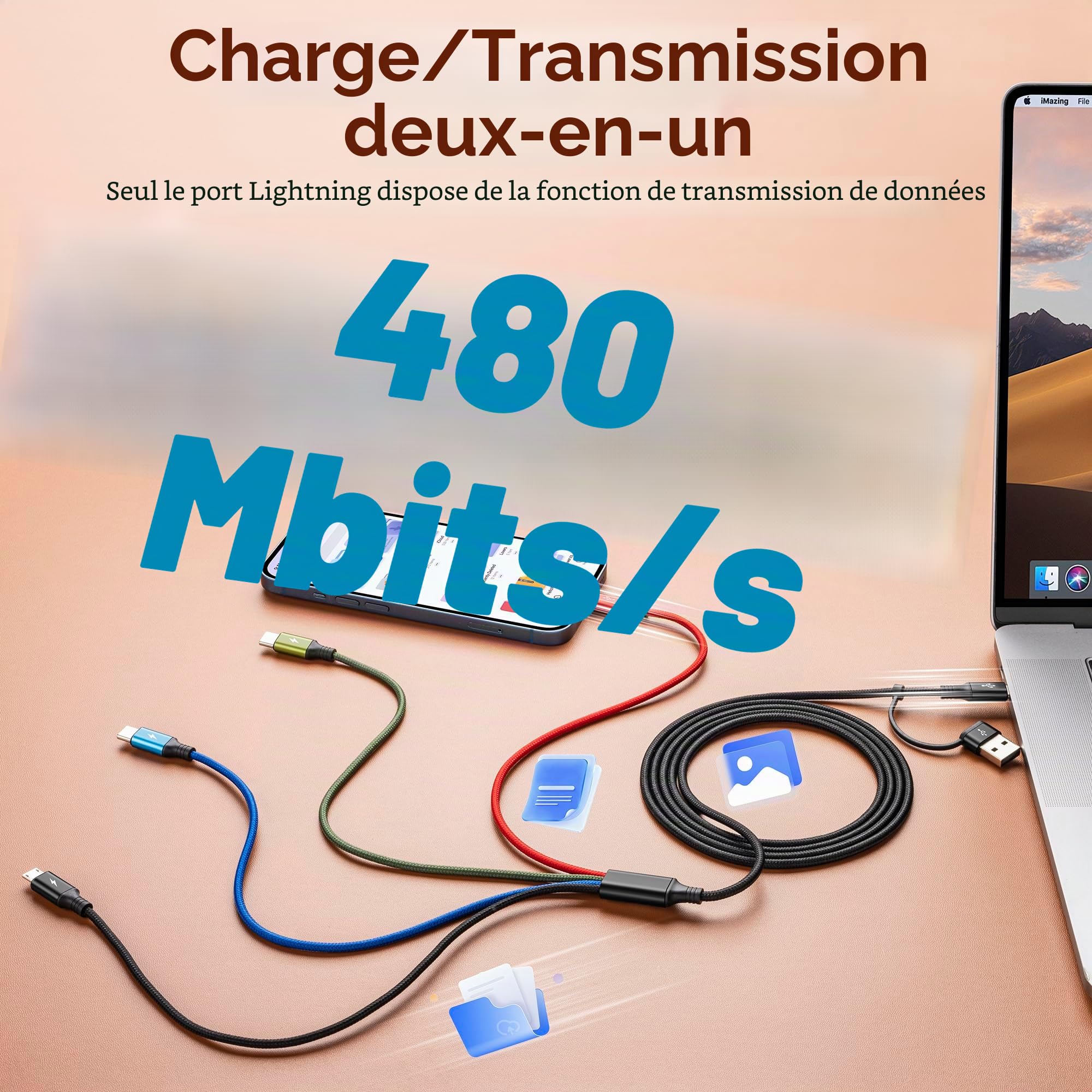 Minlu Câble de Charge Double Type C, Câble Multi USB 4 en 2 [3,5A 1,8M] Câble de Charge Rapide USB A/C vers 2*USB-C+Lightning+Micro, Câble USB pour iPhone 17,16,15,14,13,12/Galaxy/Android/Tablette
