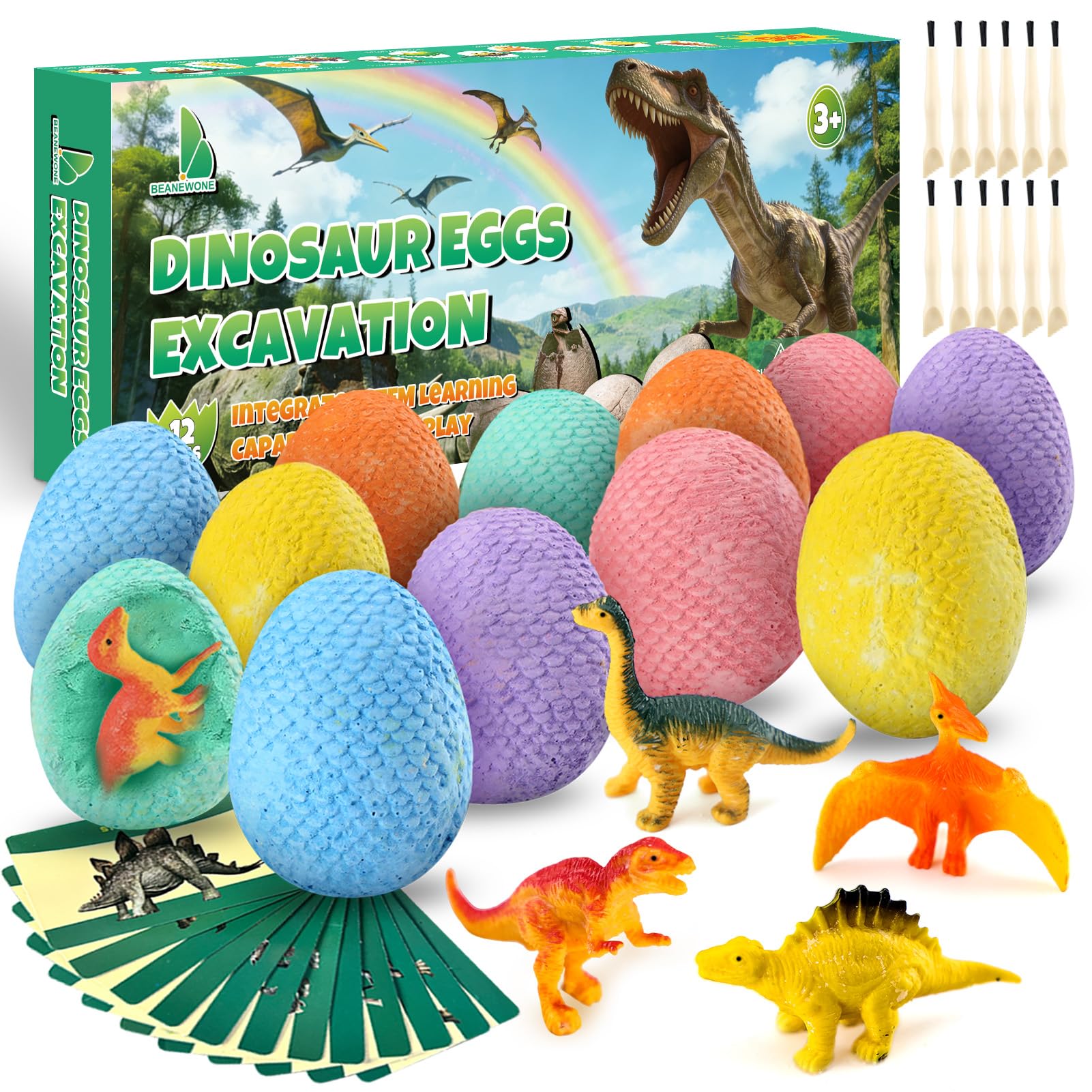 Beanewone Dinosaur Easter Eggs Digging Kit,12 Dinosaur Eggs & Dinosaur Toys, Archaeological Science boys toys, Easter Gifts, Fossil Digging Kit for Boys & Girls Aged 3-12 (Colorful)