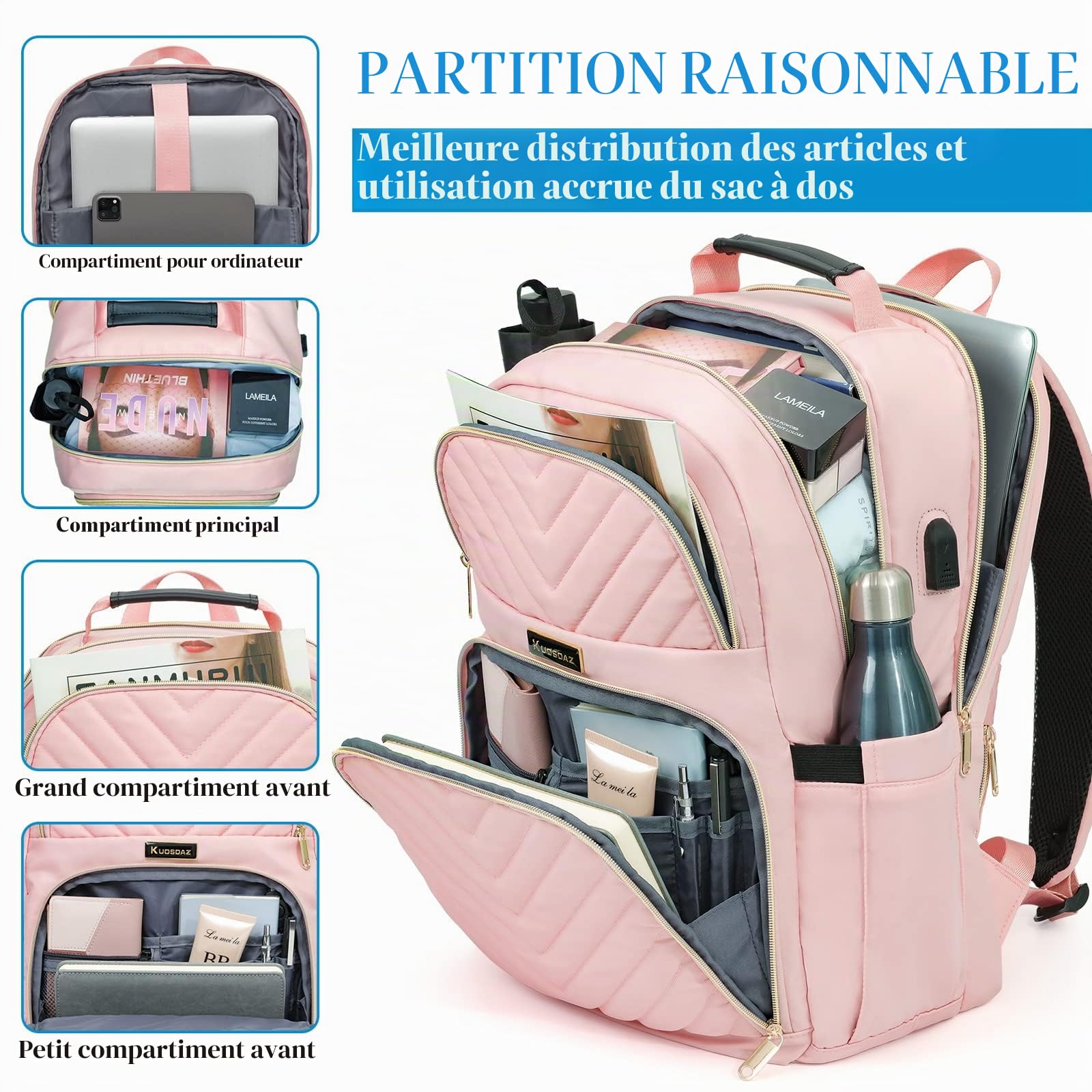 Sac à dos pour femmes, sac à dos pour fille scolaire de 15,6 pouces avec port de charge USB, sac à dos pour ordinateur portable sac de jour à la mode imperméable à l'eau pour l'école, noir