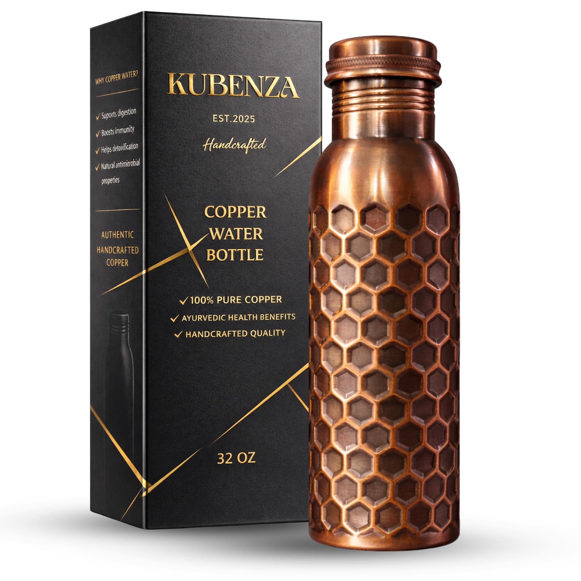 KUBENZA Pure Copper Water Bottle 32 oz | 100% Solid Uncoated & Lacquer Free | Handmade Ayurvedic Copper Bottle for Drinking Water | Leak-Proof | Reusable