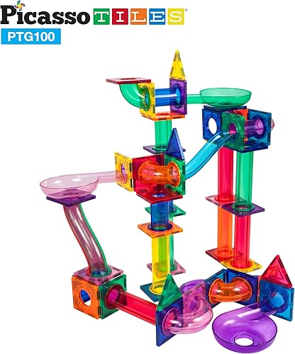Miniatura 5 de PicassoTiles Paquete de 100 azulejos magnéticos + 100 piezas de canicas para carreras de carreras divertido y creativo, juguete sensorial educativo