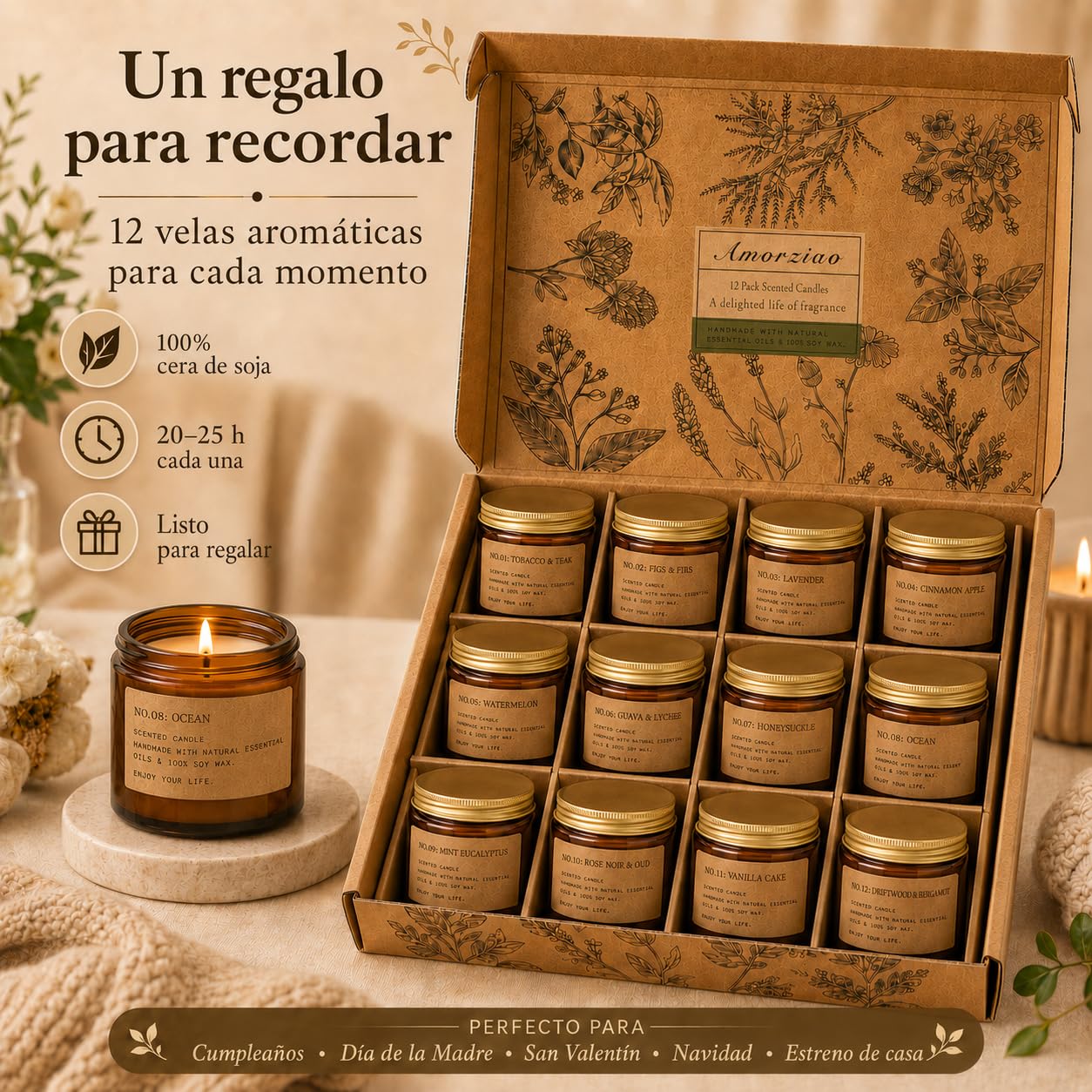 Velas Aromáticas, 12 Velas Perfumadas de Cera de Soja Natural, Vela Aromatica, 300 Horas de Duración - Regalo Original para Mujer en Navidad, Día de la Madre, San Valentín y Cumpleaños