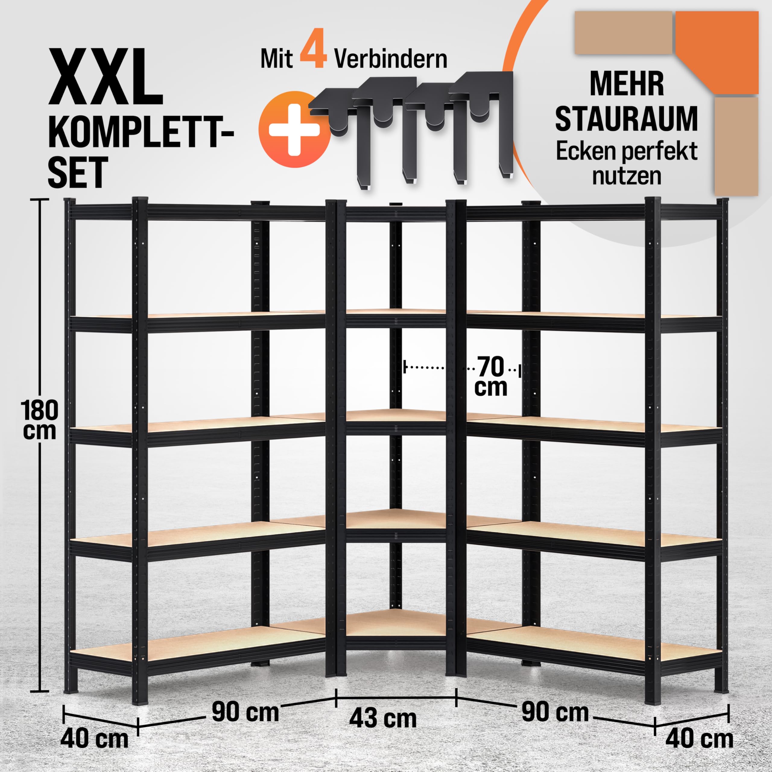 Monzana® 3er Set Schwerlastregal Eckregal 2625 kg 15 MDF-Platten Regal Lagerregal Kellerregal Steckregal Werkstattregal Regalsystem Schwarz