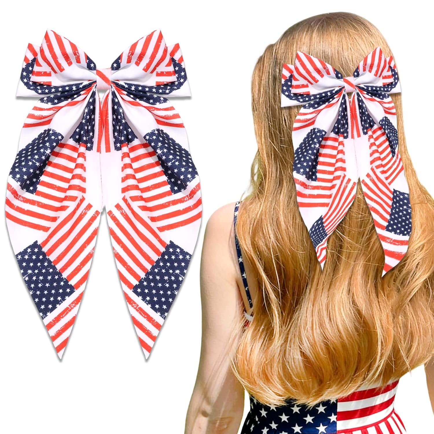 4th of July Hair Bow for Women American Flag Bow Clip Red White Blue Hair Clip Big Bows Patriotic Independence Day Ribbon Bows Forth of July Accessories for Women Girls