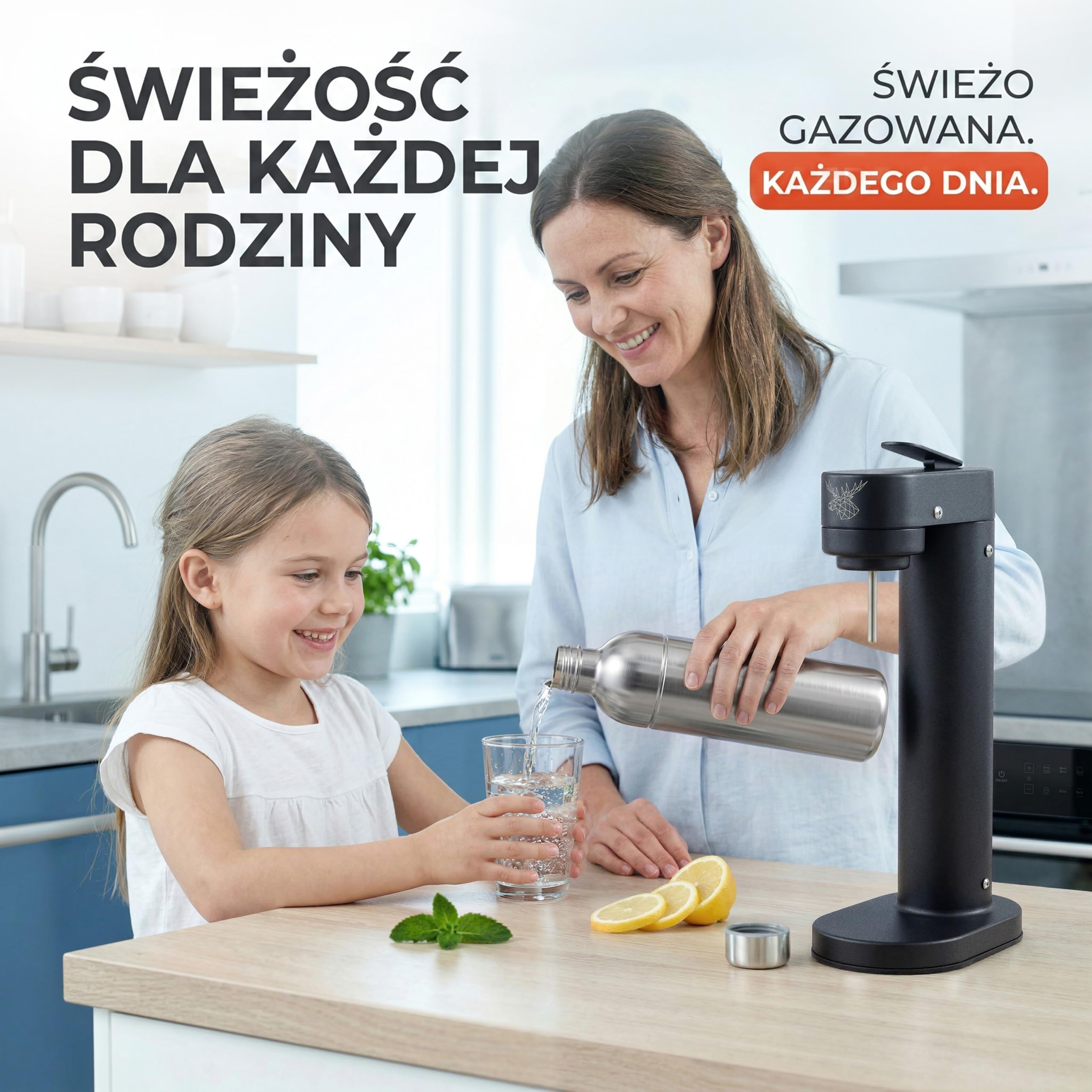Luckymoose Infinity-S Saturator z wysokiej jakości stali nierdzewnej (Black/Silver) – w zestawie 2x butelki stalowe 1,25L – wyjątkowo higieniczna wyjmowana dysza – Trwała maszyna do wody gazowanej CO₂