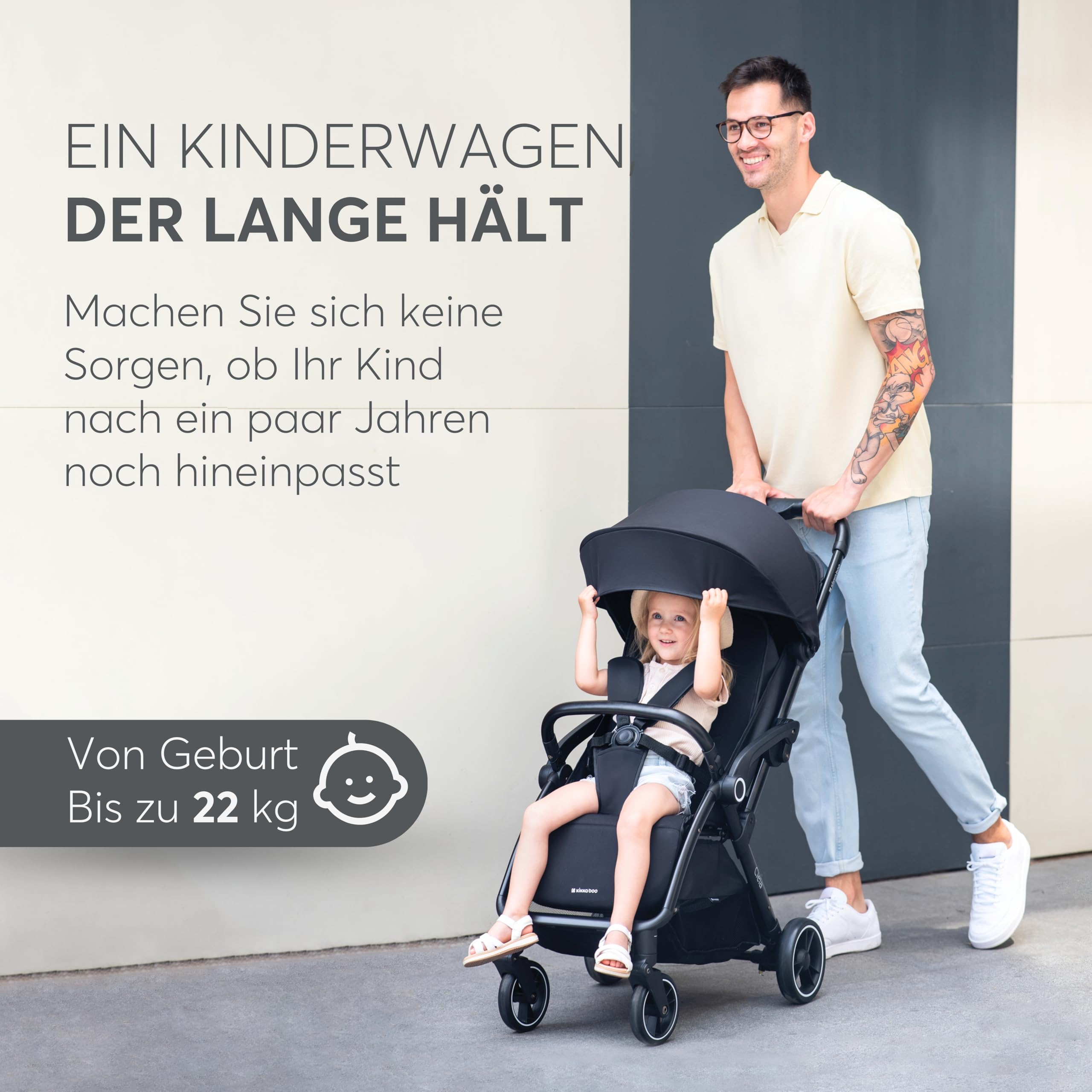 KikkaBoo Buggy Kinderwagen Reisebuggy CIELA, Bis 22 kg, Leicht (7,1 kg), One-Hand-Faltbar, Atmungsaktiv & Wasserabweisend, Inkl. Regenschutz, Schwarz