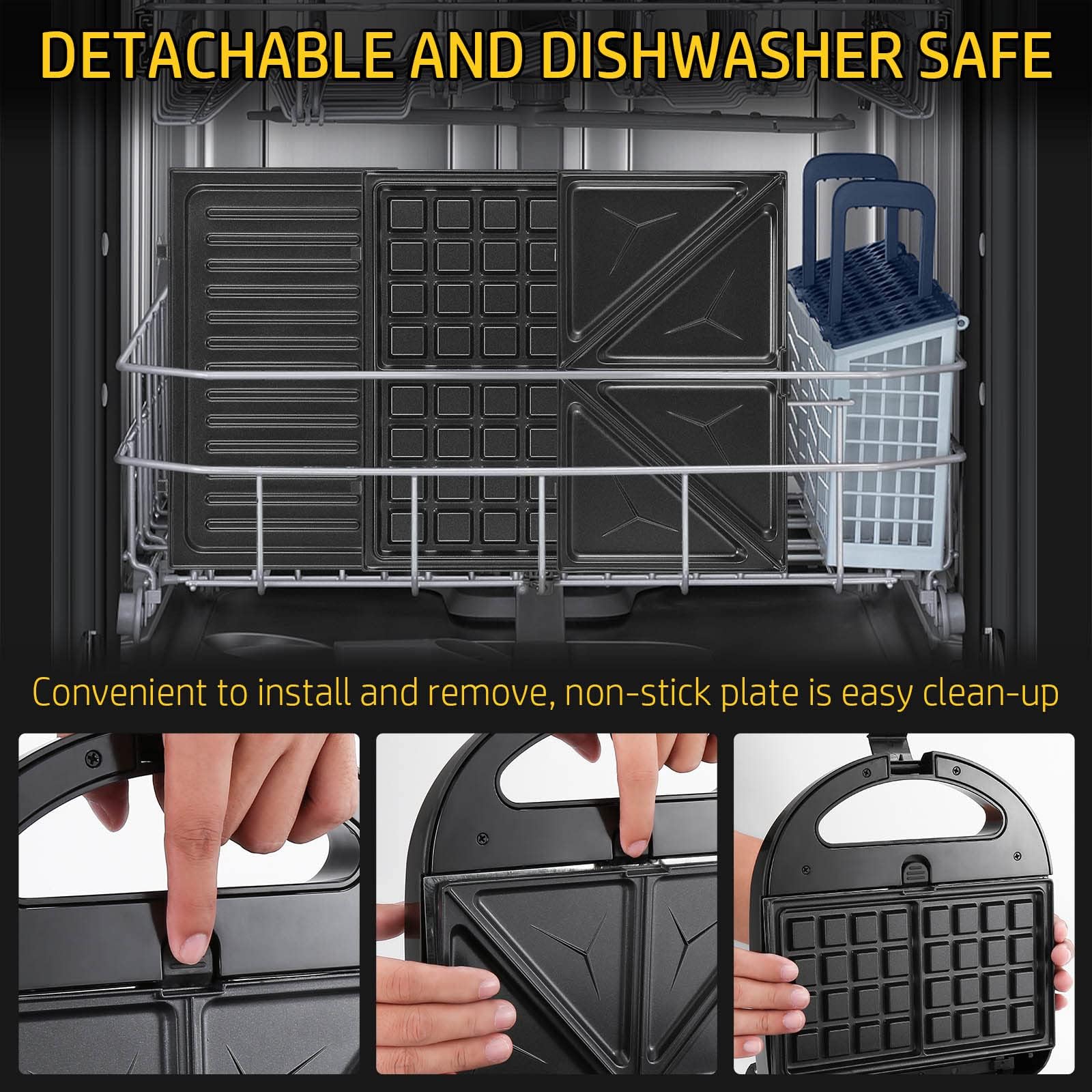 OSTBA 3-in-1 Sandwich Maker with Removable Plates, Panini Press, Waffle Maker, Non-Stick, 750W Compact Breakfast Grill for Sandwiches, Waffles, Steak, Black