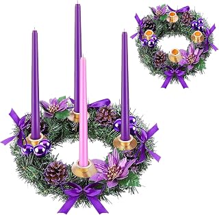 Christmas Advent Wreath Candle Holders - Purple Advent Wreath with Purple Ribbon Bow Balls Pinecones Flowers and Gold Ring Holder for Christmas Holiday Centerpiece Decorations