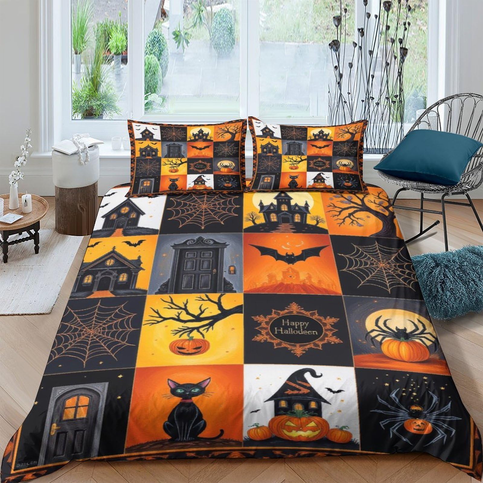 Ctjqhvkz Style-5 3D Printed Halloween Patchwork Fitted Sheet Microfiber Orange Black Pumpkin Bat Bed Cover For Bedroom Guest Room Decor Single（135X200cm）