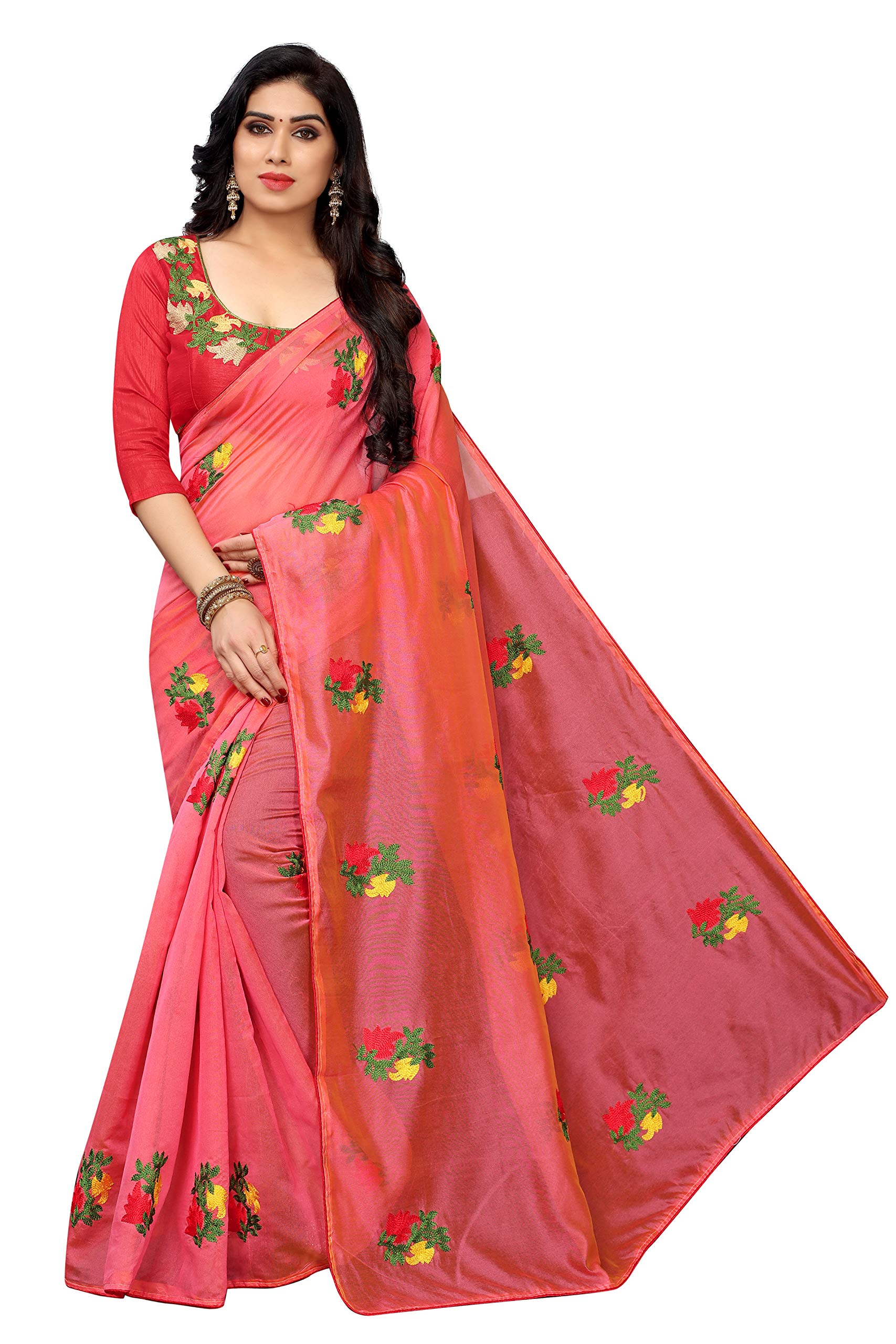 PERFECTBLUEWomen's Cotton Silk Embroidery Work Saree with Unstitched Blouse Piece (Cottonwork)