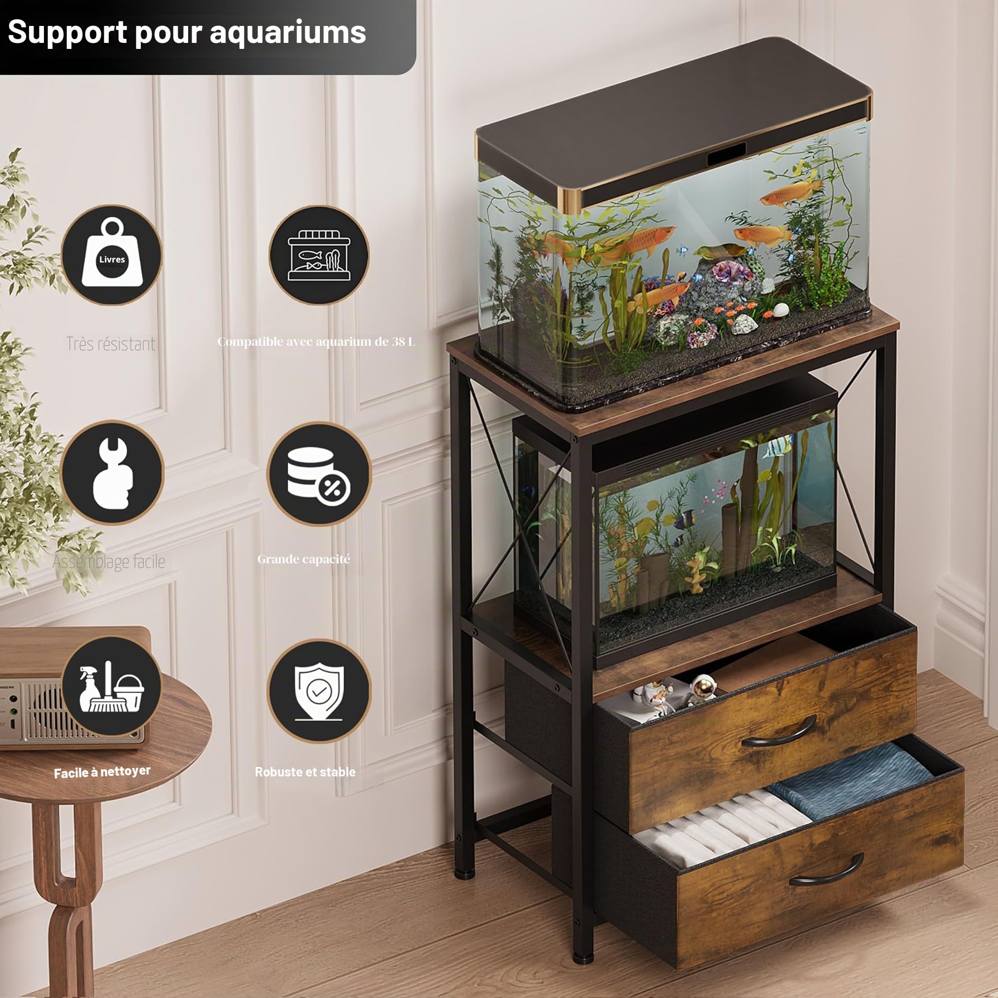Support d'aquarium 38 L avec 2 tiroirs, étagère 40 L pour poissons tortues reptiles, table 2 étages marron rustique