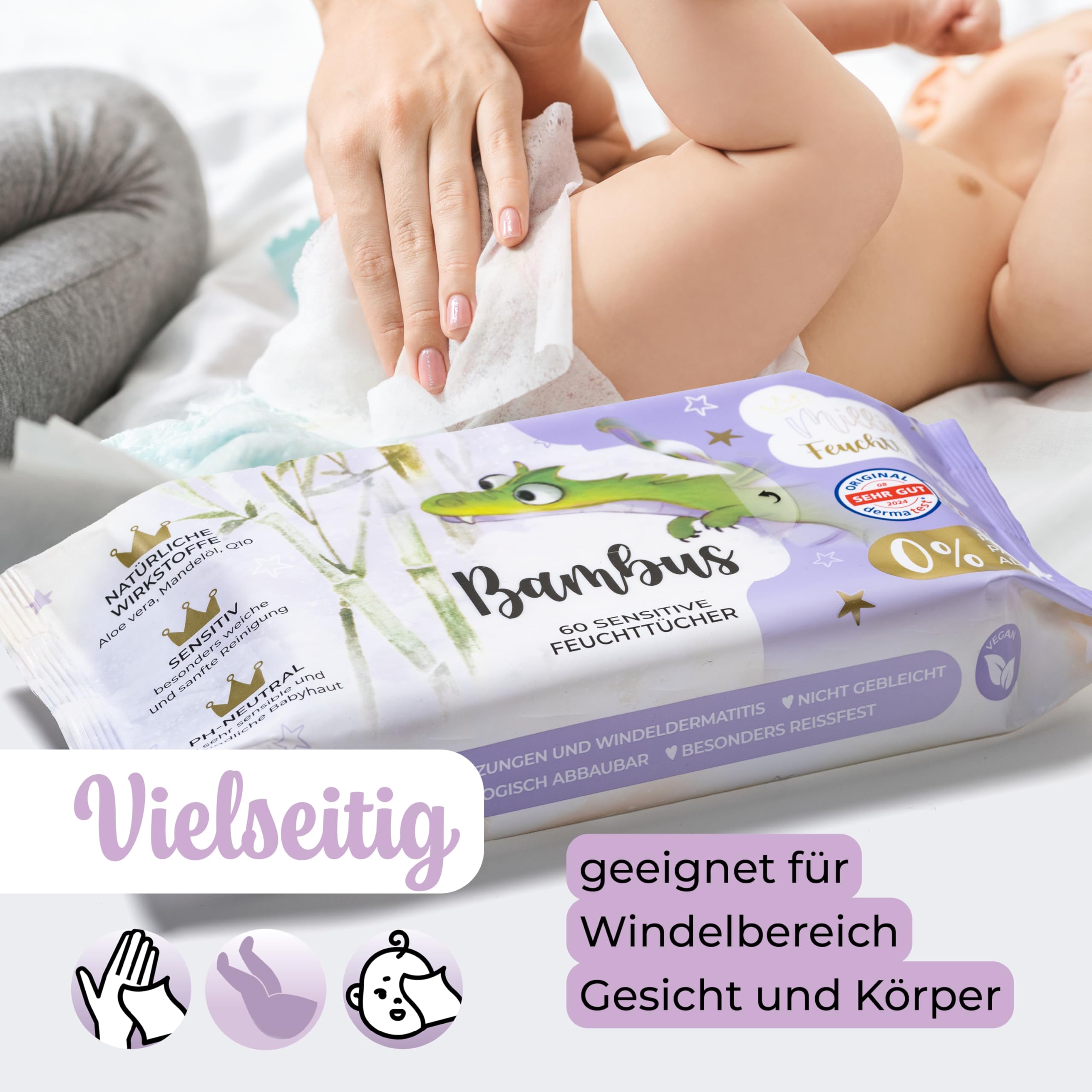 Millis Toallitas húmedas de bambú – 12 x 60 unidades – Limpieza natural suave para la piel sensible del bebé – Biodegradables, pH neutro, sin plástico, perfume y alcohol, clínicamente probado