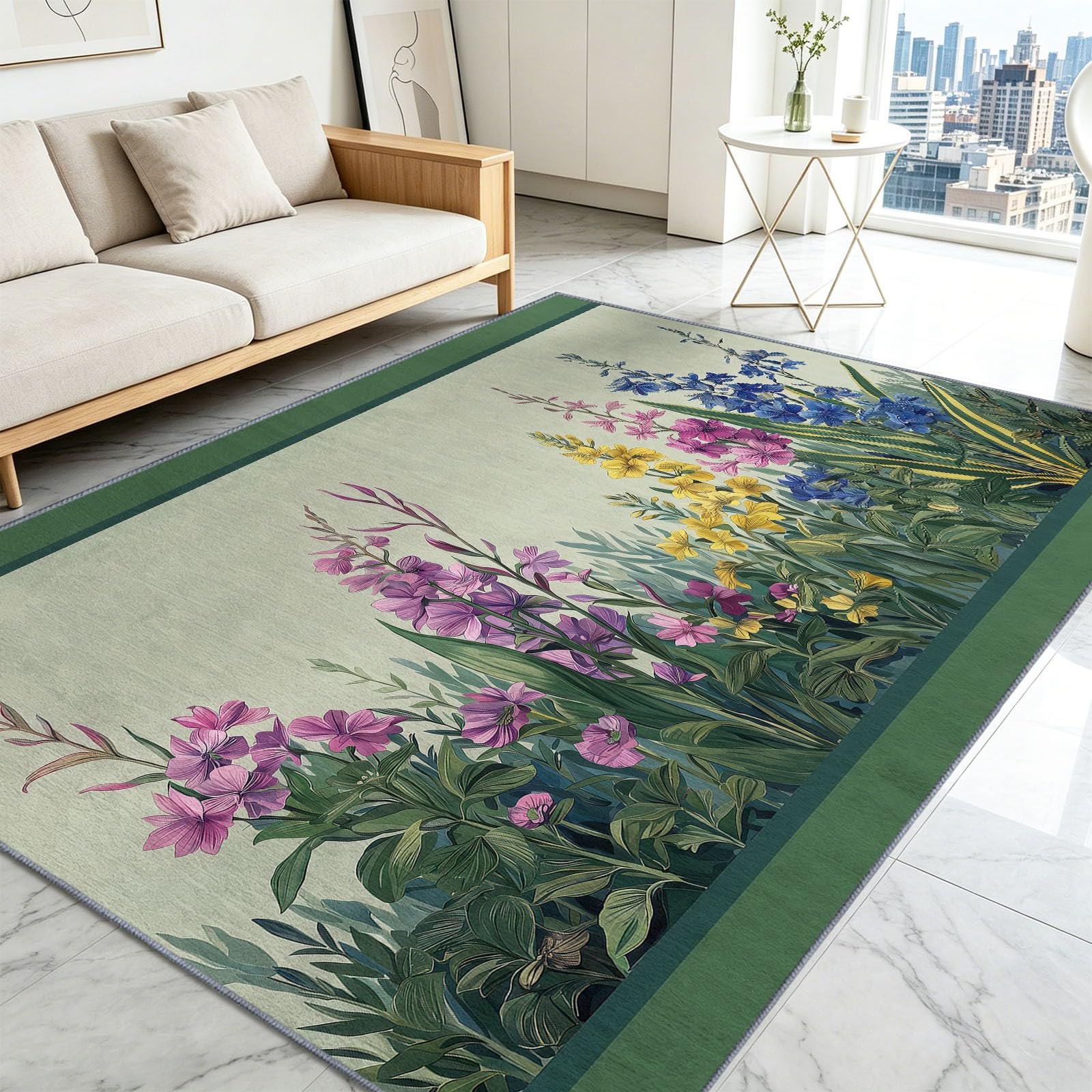 Tappeto con fiori e foglie, 80 x 150 cm, per camera da letto, con piante ad acquerello, morbido, antiscivolo, lavabile, per soggiorno, sala da pranzo, ingresso, interni