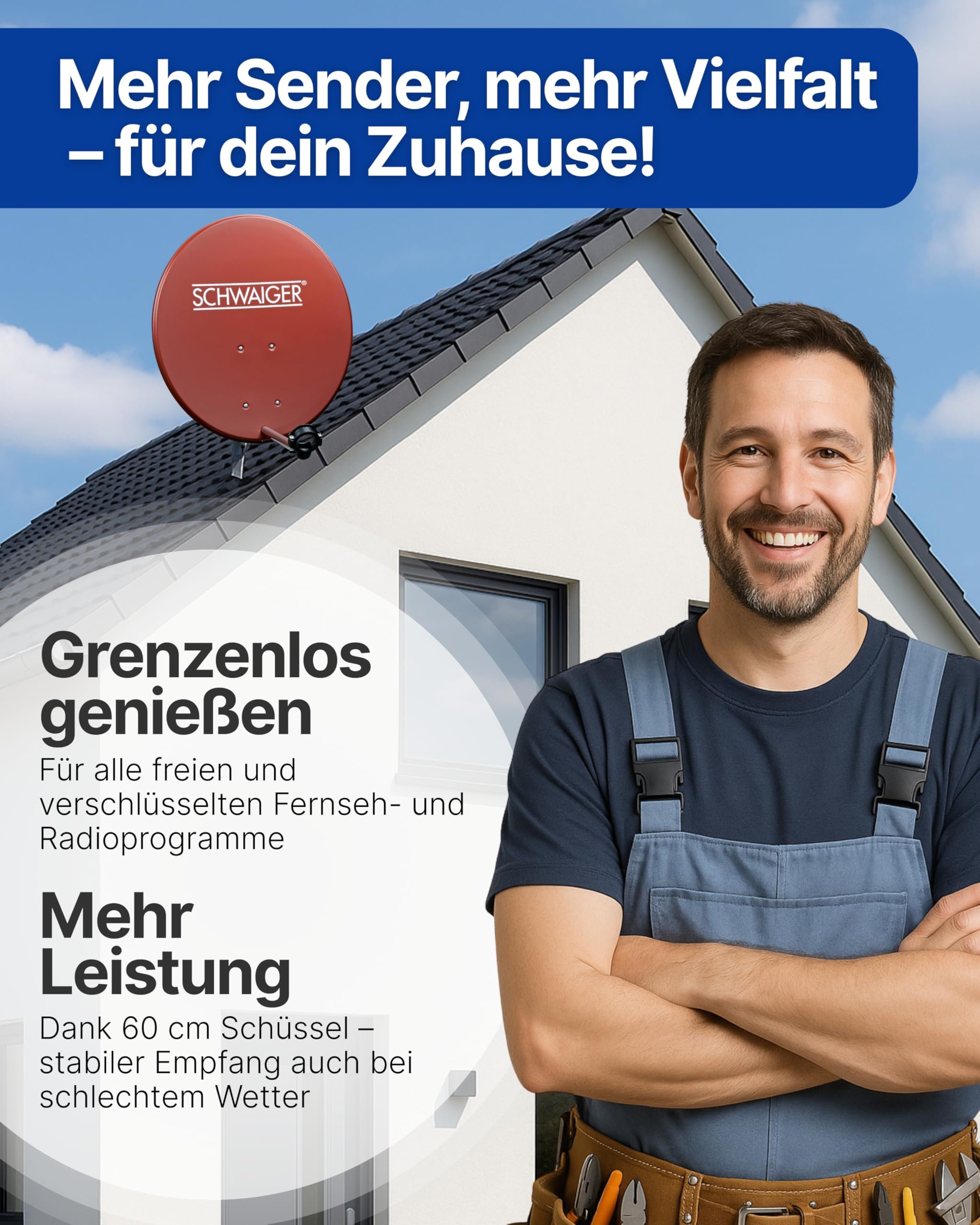 SCHWAIGER Satellitenschüssel Komplettset I Ø 60 cm Stahl Offset Antenne in Ziegelrot I Inkl. sonnengeschütztes Single LNB 1-Fach I Digital HD Empfang I Integrierte Kabelführung & wetterfest