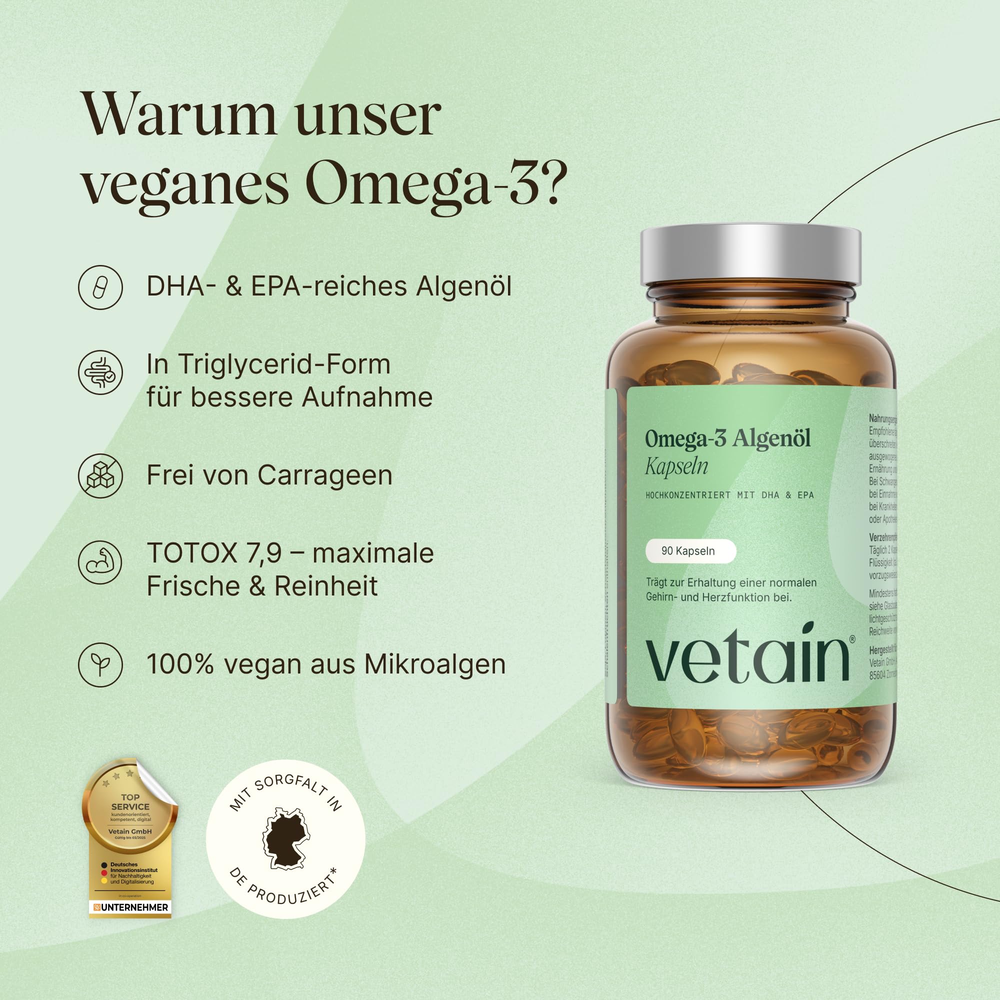 VETAIN Omega 3 Vegan - 963 mg Algenöl pro Tagesdosis: 300 mg DHA + 150 mg EPA - Hochdosiert, ohne Carrageen & künstliche Zusätze - Geschmacksneutral - produziert in Deutschland - 180 Kapseln