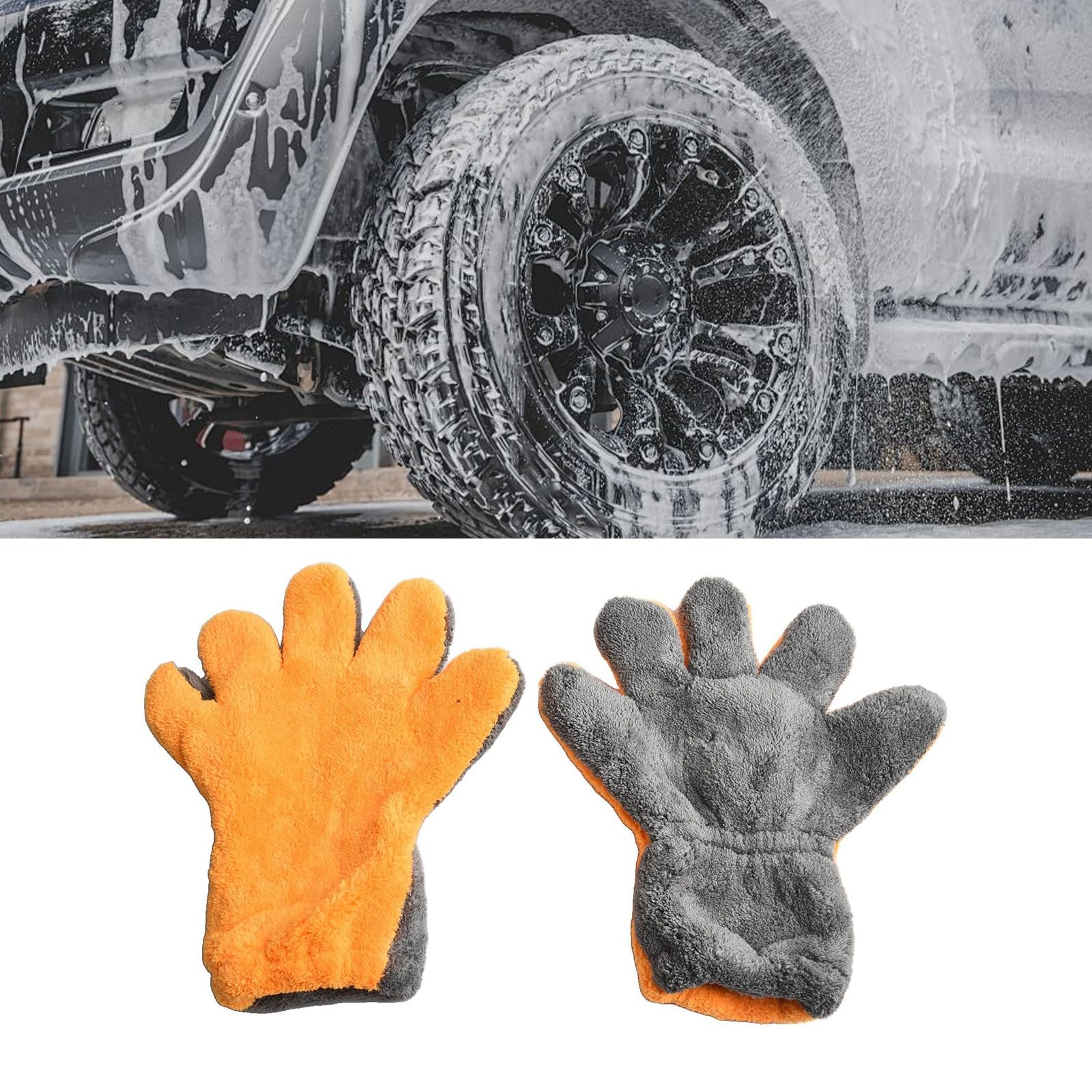Guantes superfinos de fibra de vidrio para lavado de coche, 1 par de guantes de limpieza de microfibra y forro polar coral, color gris + naranja
