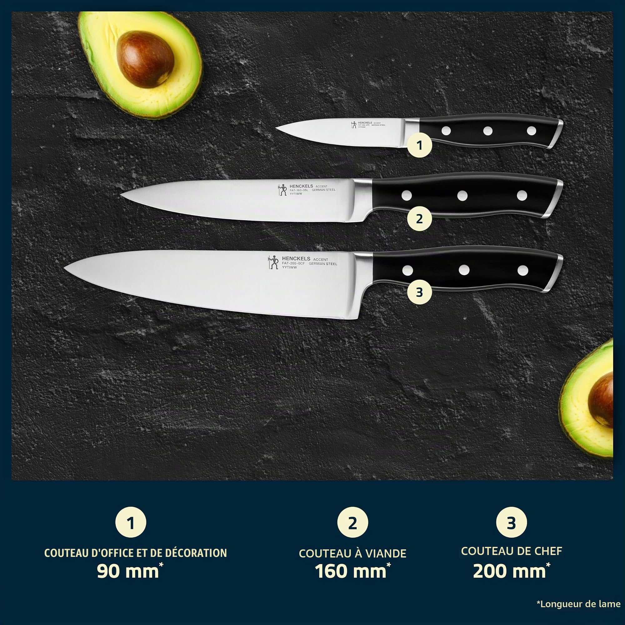 HENCKELS by ZWILLING Accent Set de couteaux 3 pièces, couteau d'office, couteau à viande et couteau de cuisine, noir avec rivets