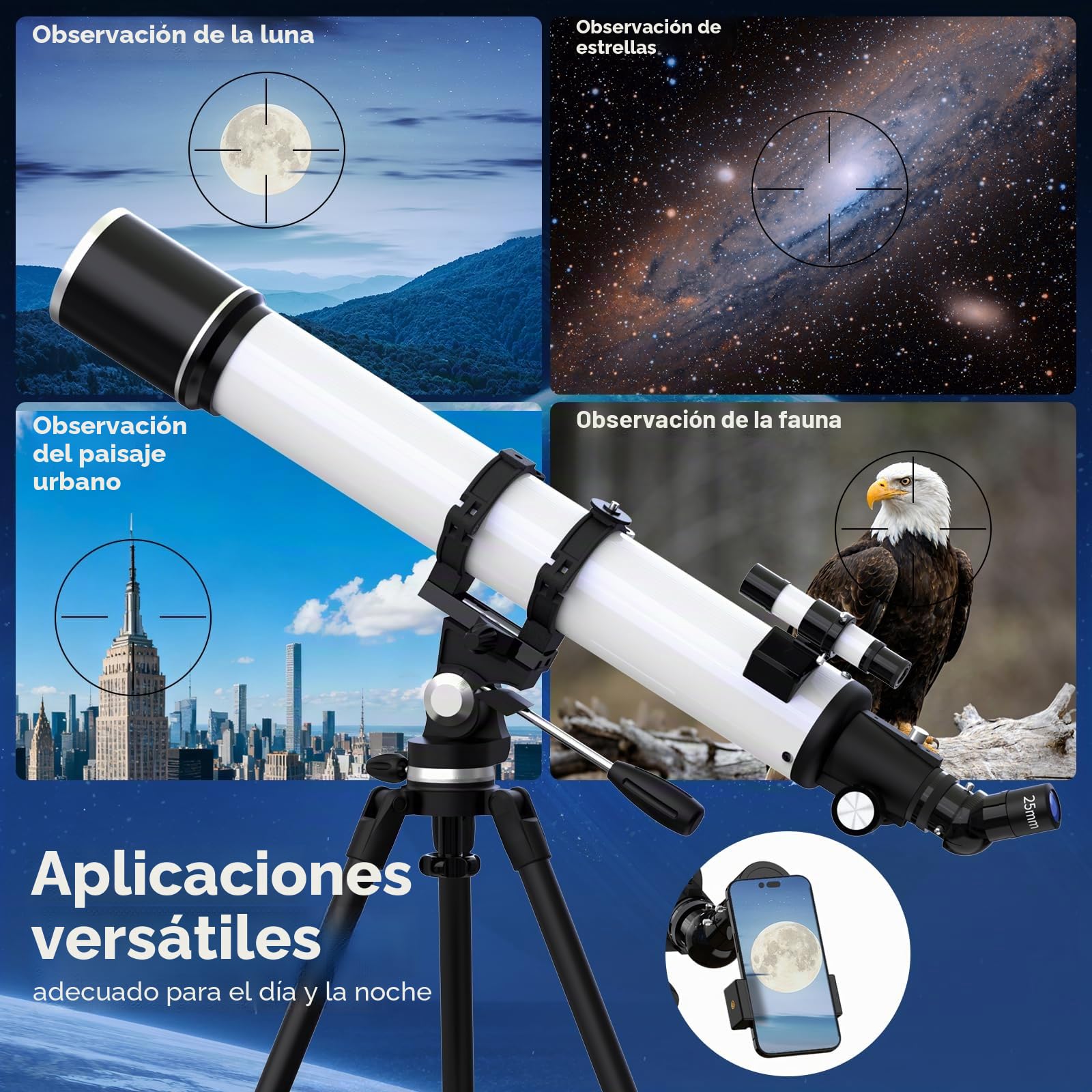 Telescopio, 90 mm Apertura 900 mm Telescopio Astronómico Profesional para Adultos Principiantes, Telescopio Refractor Portátil con Trípode,Teléfono Adaptador, Bolsa (Blanco)