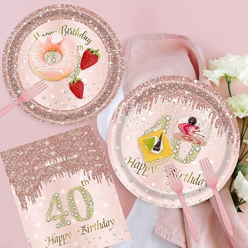 Miniatura 3 de 121 piezas de suministros para fiesta de cumpleaños 40, platos, servilletas, vasos, tenedores, manteles, manteles desechables con temática de feliz