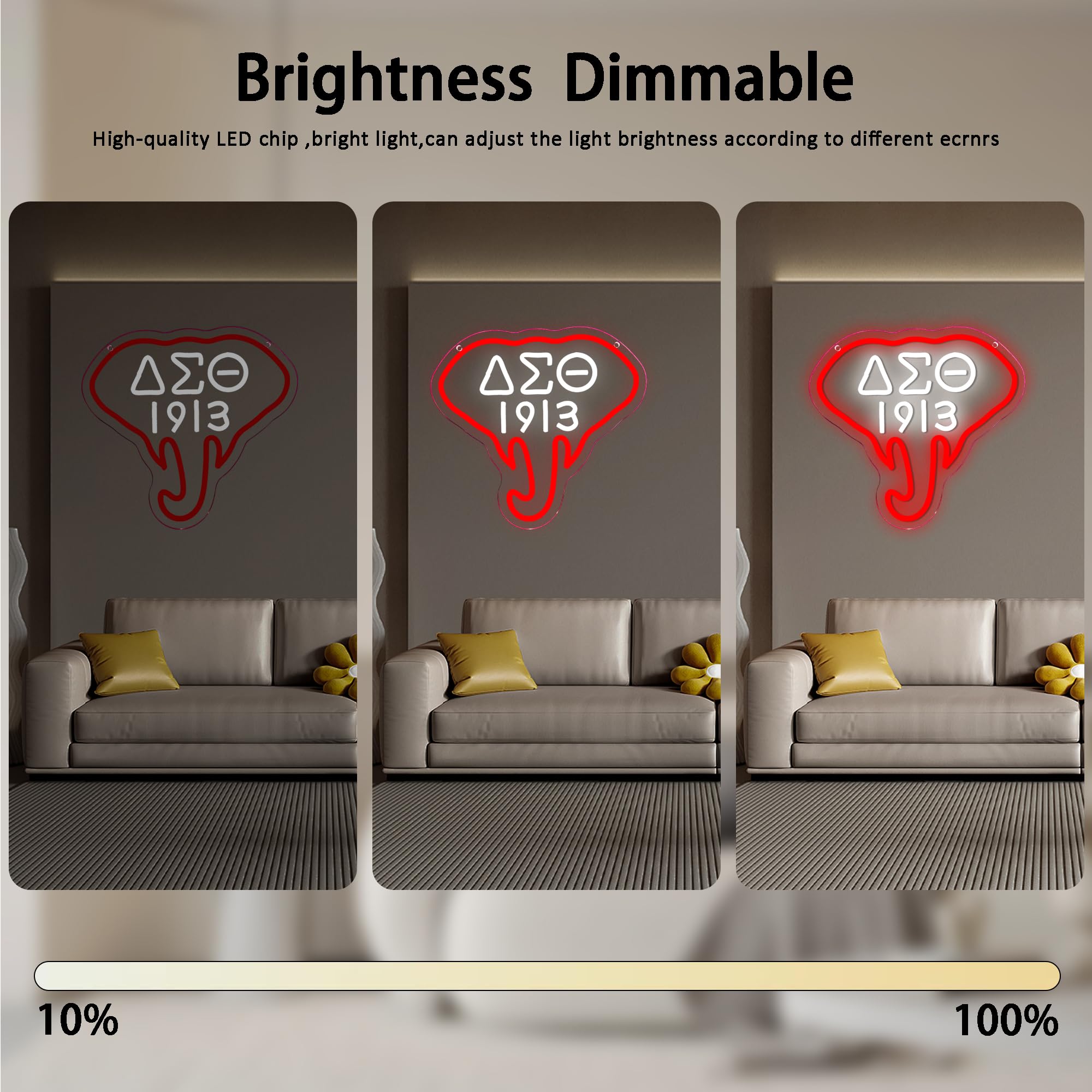 1913 Sorority Insegna al neon, dimmerabile, con elefante rosso, luci al neon per decorazione da parete, insegna greca con lettere greche alimentate tramite USB, regalo per feste e amiche (30 x 28 cm)