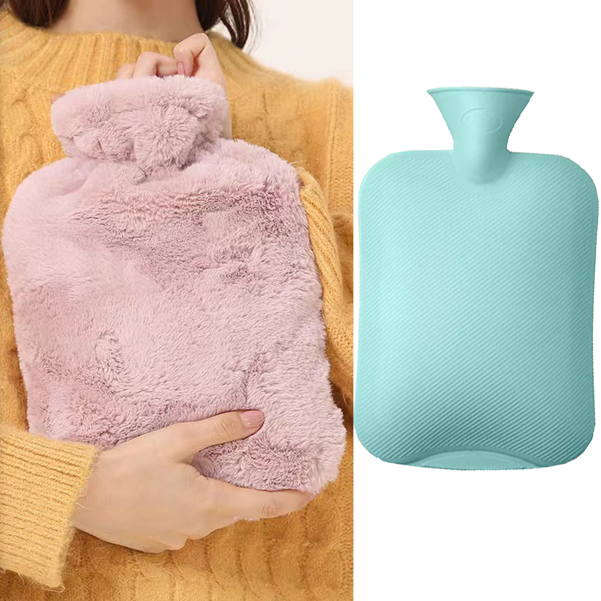 Hot Water Bottles, Hot Water Bottle with Cover, Fluffy 2 Litre Bed Bottle, Large Hot Water Bottle Animal for Pain Relief for Stomach Back Legs, Gifts for Family and Friends (Pink)