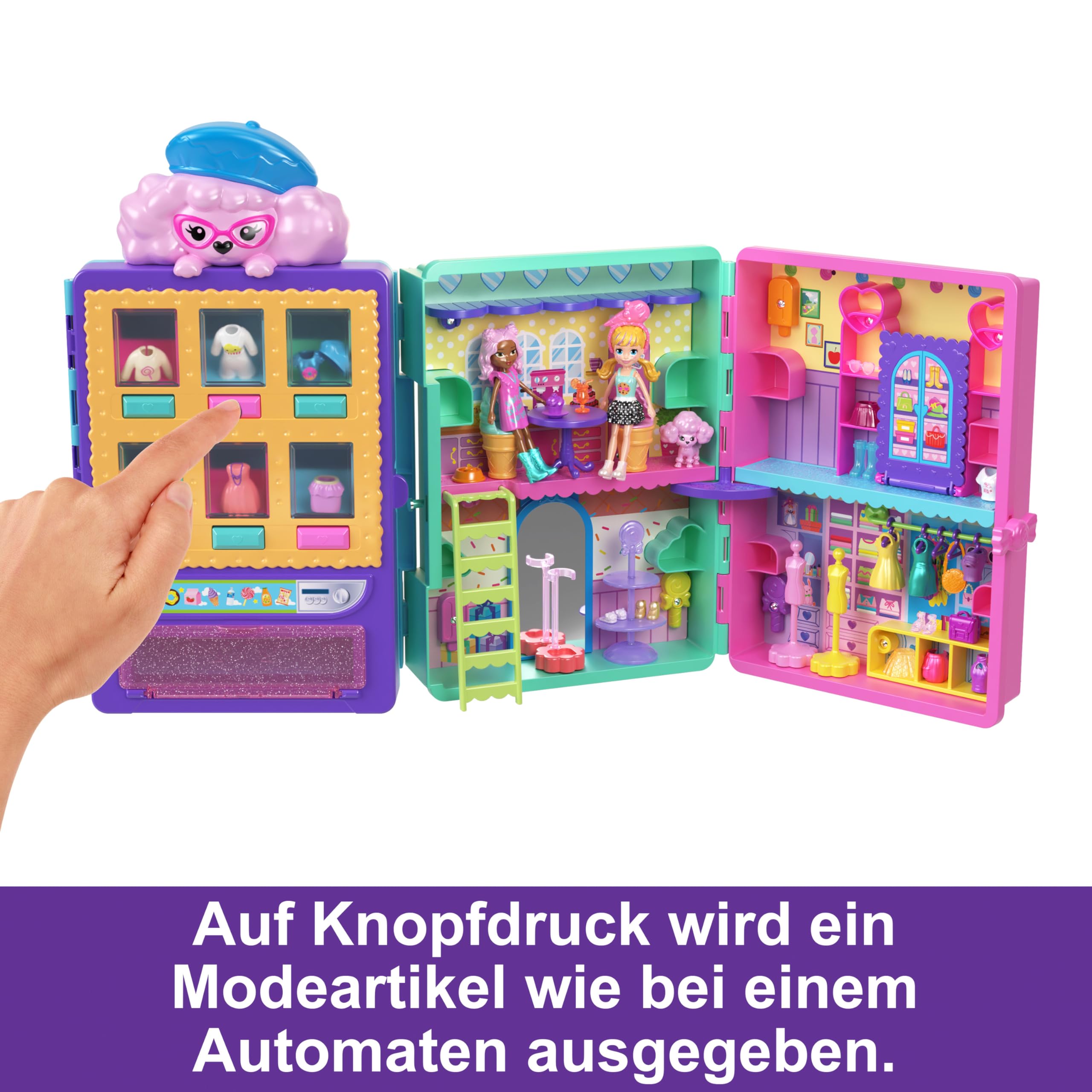 Polly Pocket Kleidergeschäft Spielset - Funktionierender Verkaufsautomat, 2-stöckiges Spielset, 2 Puppen, 1 niedlicher Pudel und über 35 Zubehörteile zum Stylen und Geschichtenerzählen, HKW12