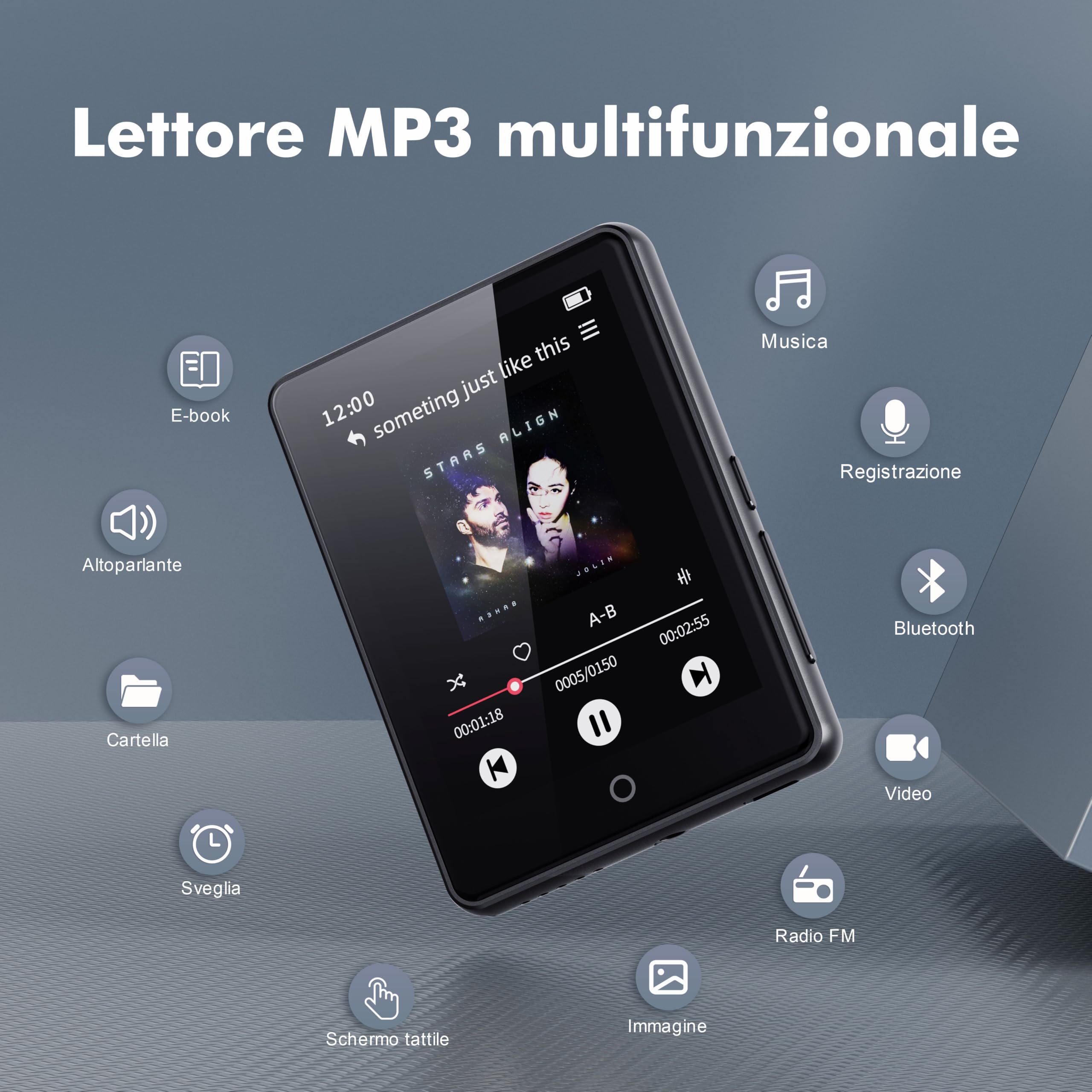 32 GB Lettore MP3 con Bluetooth 5.3, portatile altoparlante per bambini | Qualità audio HiFi, Touch screen da 2,8 pollici, Radio FM, Registratore vocale, Supporta schede TF fino a 128 GB (Nero)