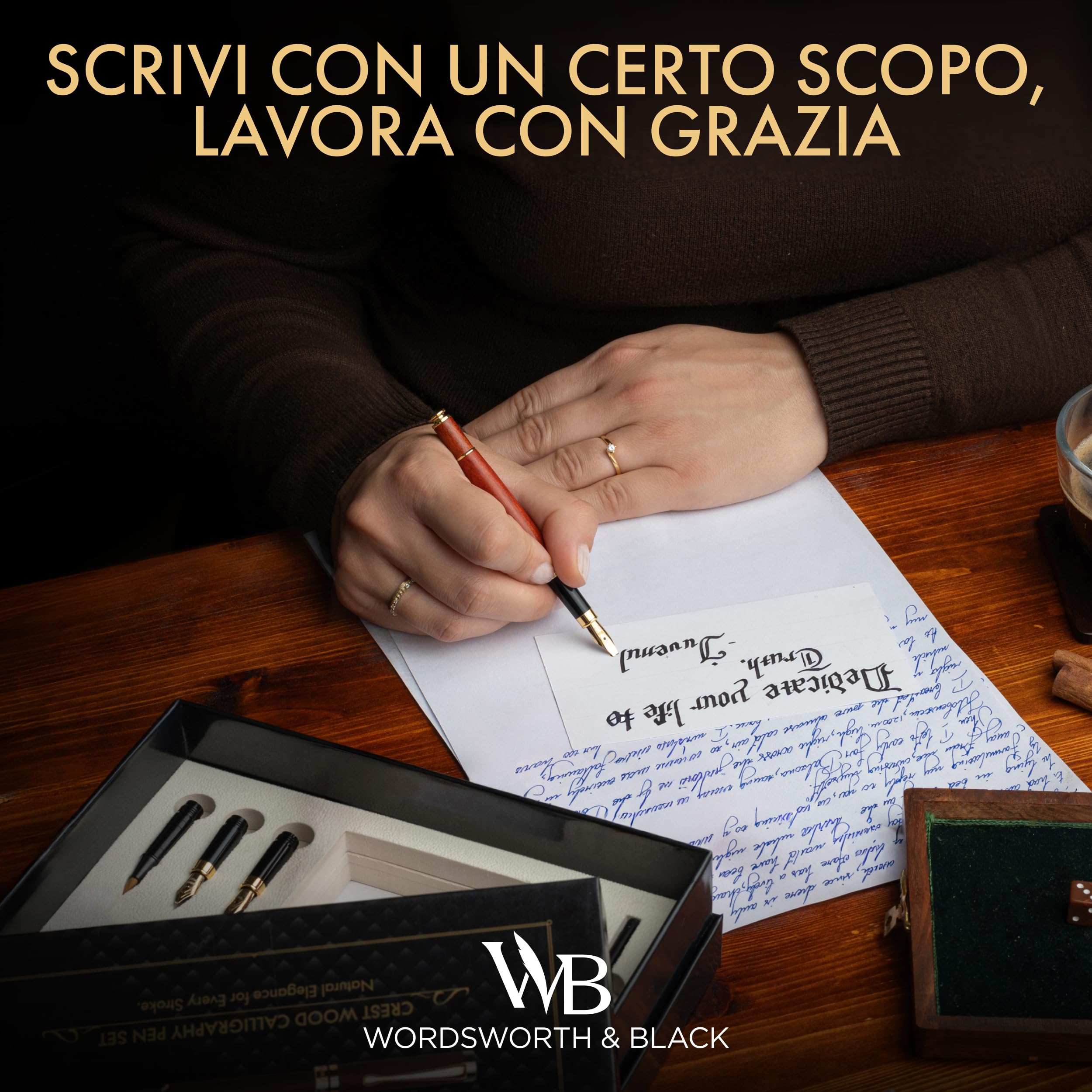 Wordsworth & Black Calligraphy Pen Gift Set, Include Bottiglia di inchiostro, 6 cartucce di inchiostro, convertitore per ricarica, 6 pennini di ricambio, bambù di lusso, journaling [Legno di rosa]