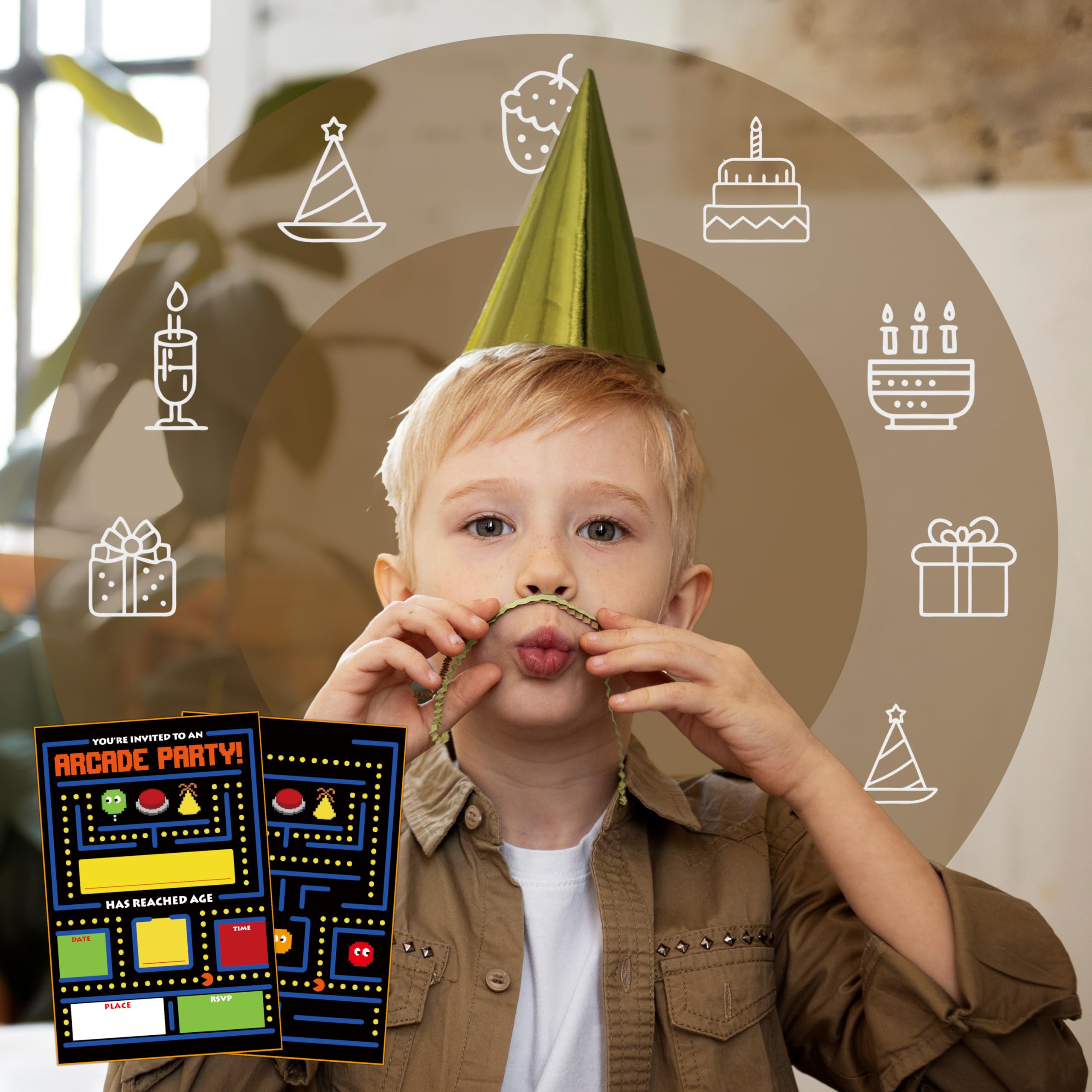 Invitaciones de cumpleaños de fiesta de arcade, invitación de videojuegos, invitaciones de fiesta de cumpleaños estilo relleno con sobres para niños y niñas (paquete de 20), decoraciones y