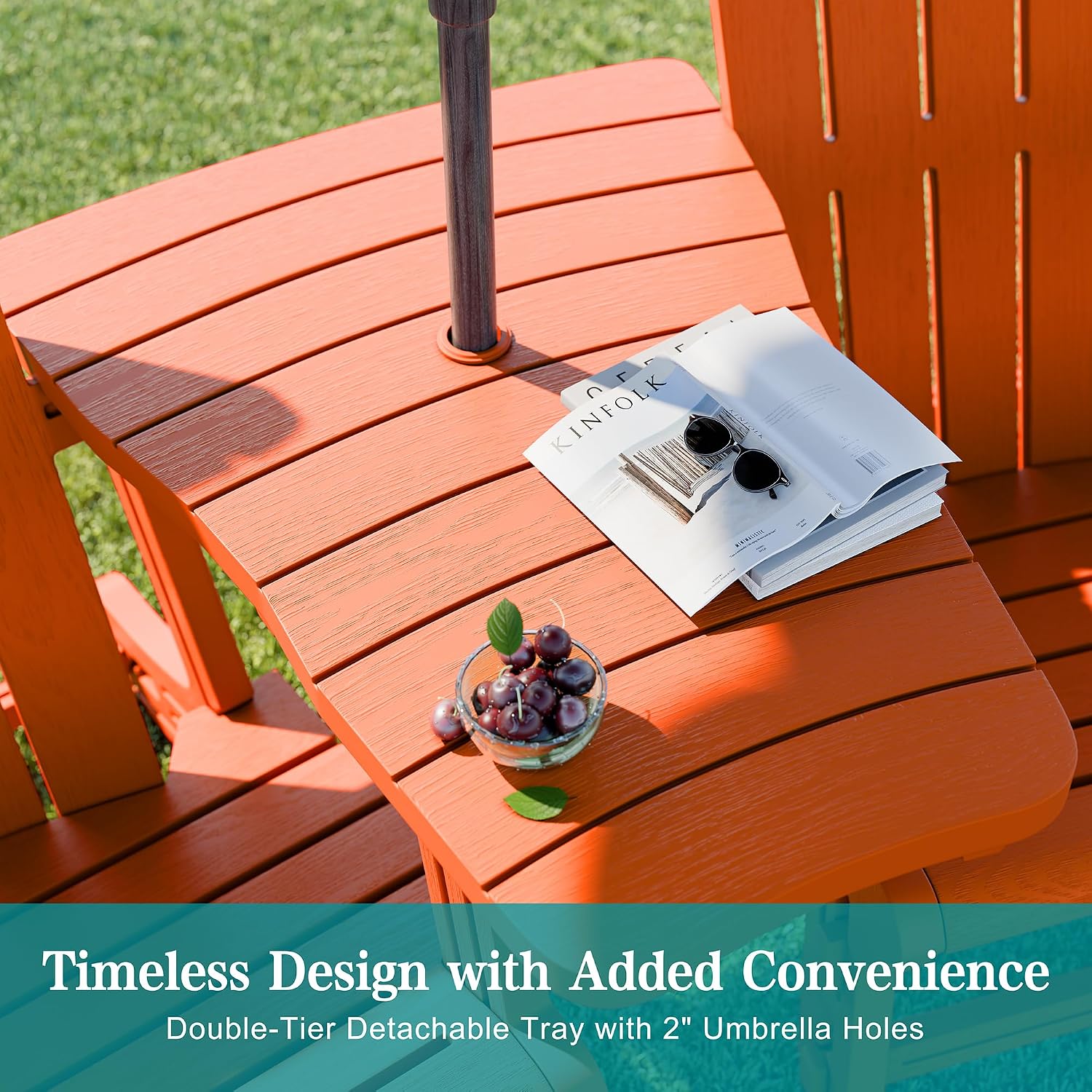 JY QAQA Outdoor Adirondack Chair Set of 2 with Detachable Table & Ottoman, All-Weather HDPE Patio Furniture with Wood Texture & Cup Holder for Patio, Poolside, Garden, Orange