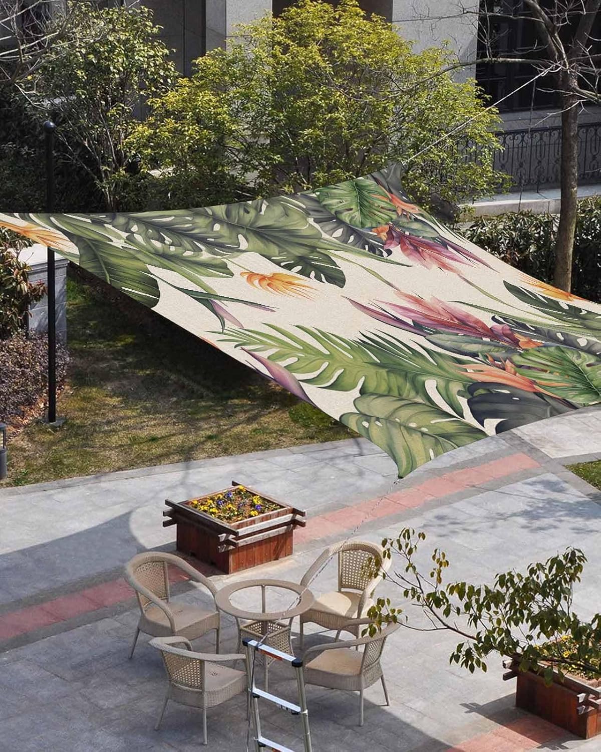 Sun Shade Sail, Summer Tropical Palm Tree with Parrot Beige Texture Outdoor Waterproof Canopy Patio Cover with Rope, Rectangle UV Block Shade Sails for Garden Yard Deck Pergola Sand, 8x10 Feet