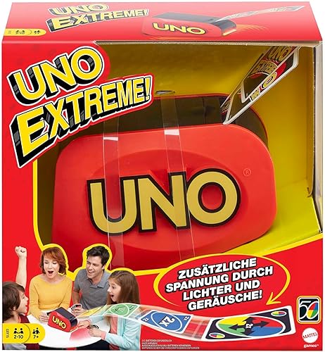 UNO - Juego de cartas Extreme con lanzador de acción aleatoria con luces y sonidos y 112 cartas regalo de noche de juego para niños adolescentes y