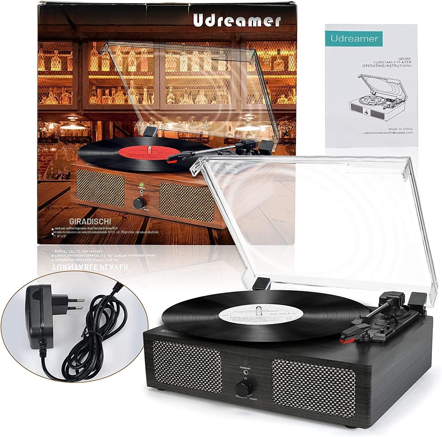 Udreamer Giradischi Bluetooth con Altoparlanti Integrati, Trasmissione a Cinghia, 3 Velocità, Legno Nero